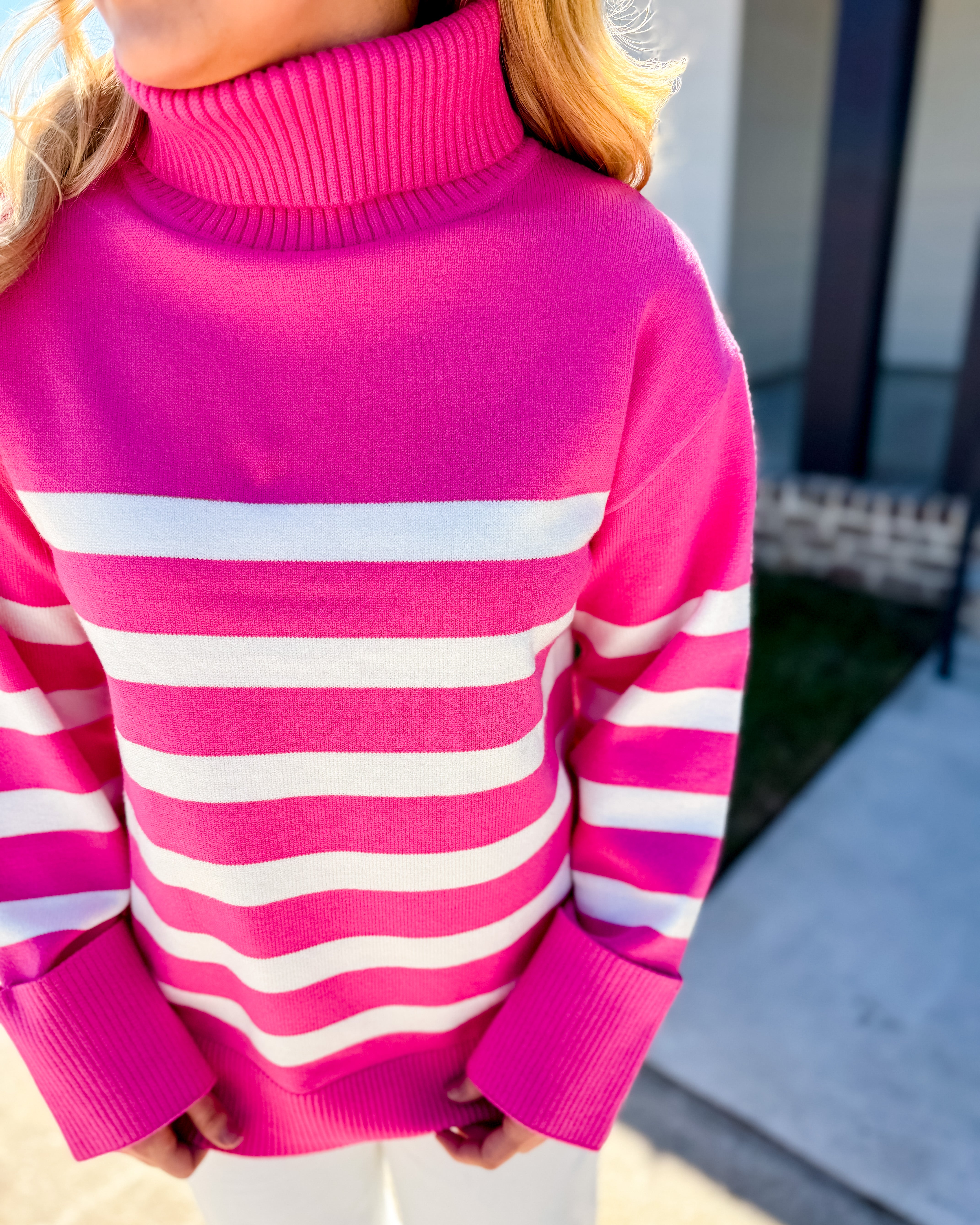 Pink Striped Turtleneck Sweater