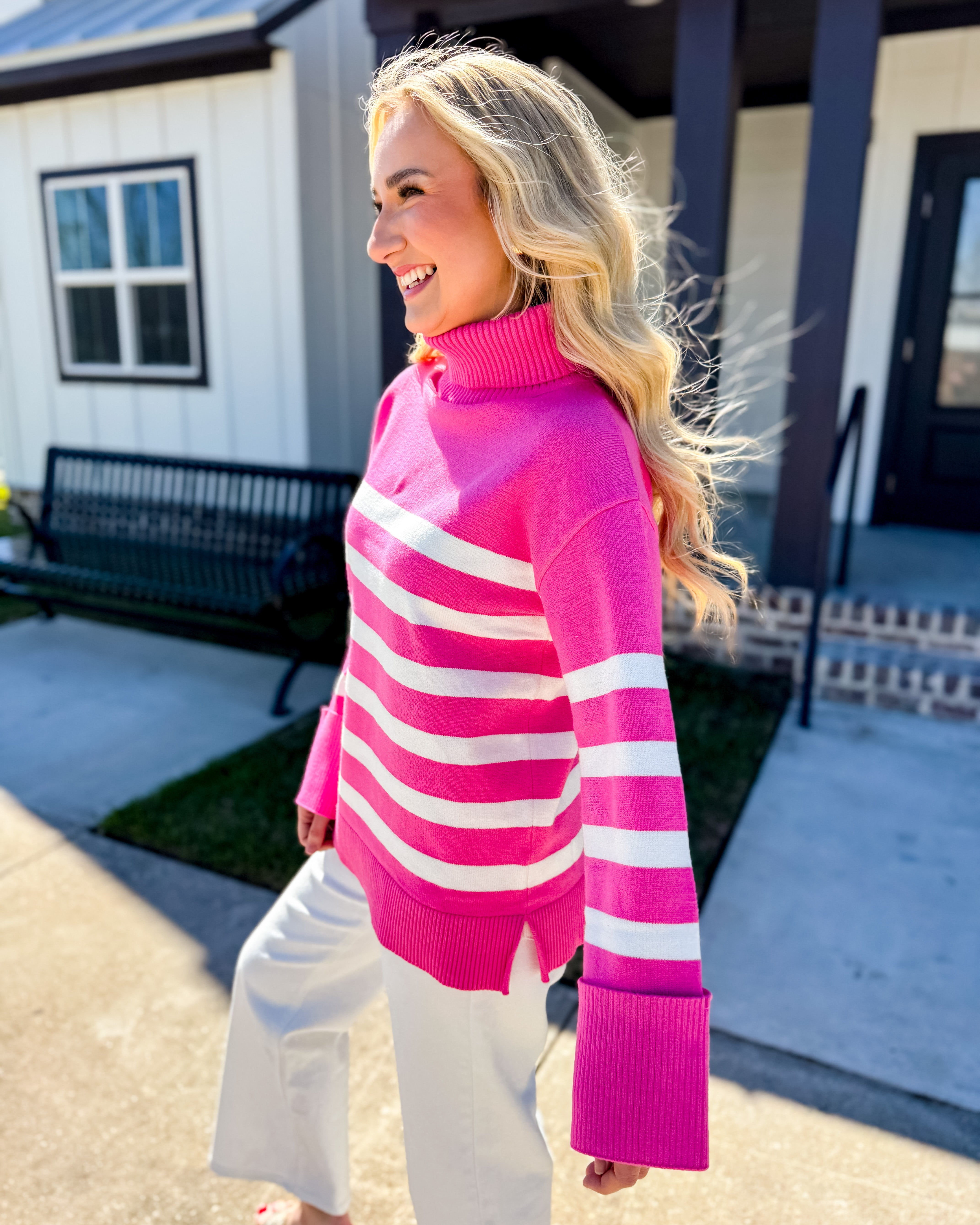 Pink Striped Turtleneck Sweater