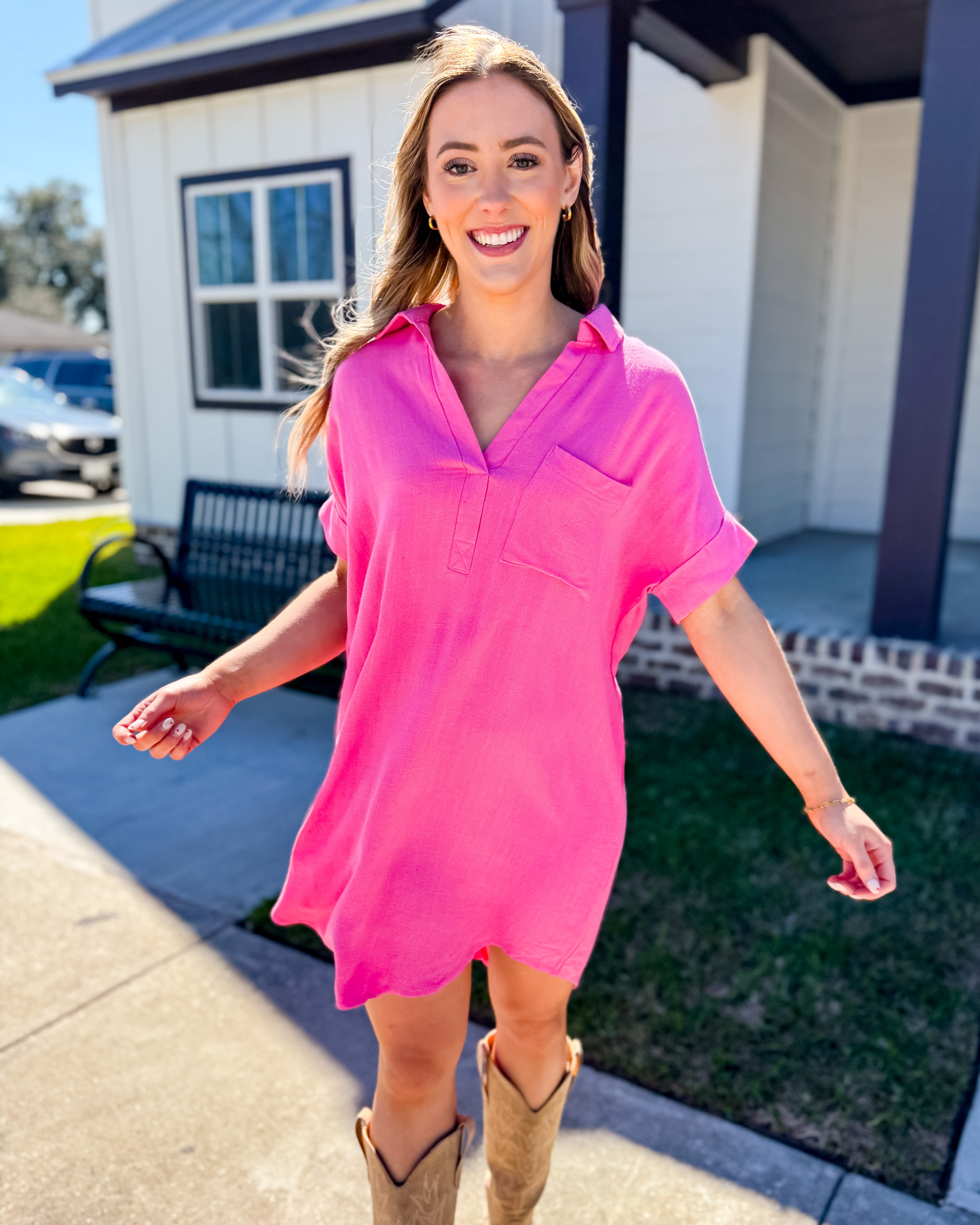 Pink Collared V-Neck Mini Shirt Dress