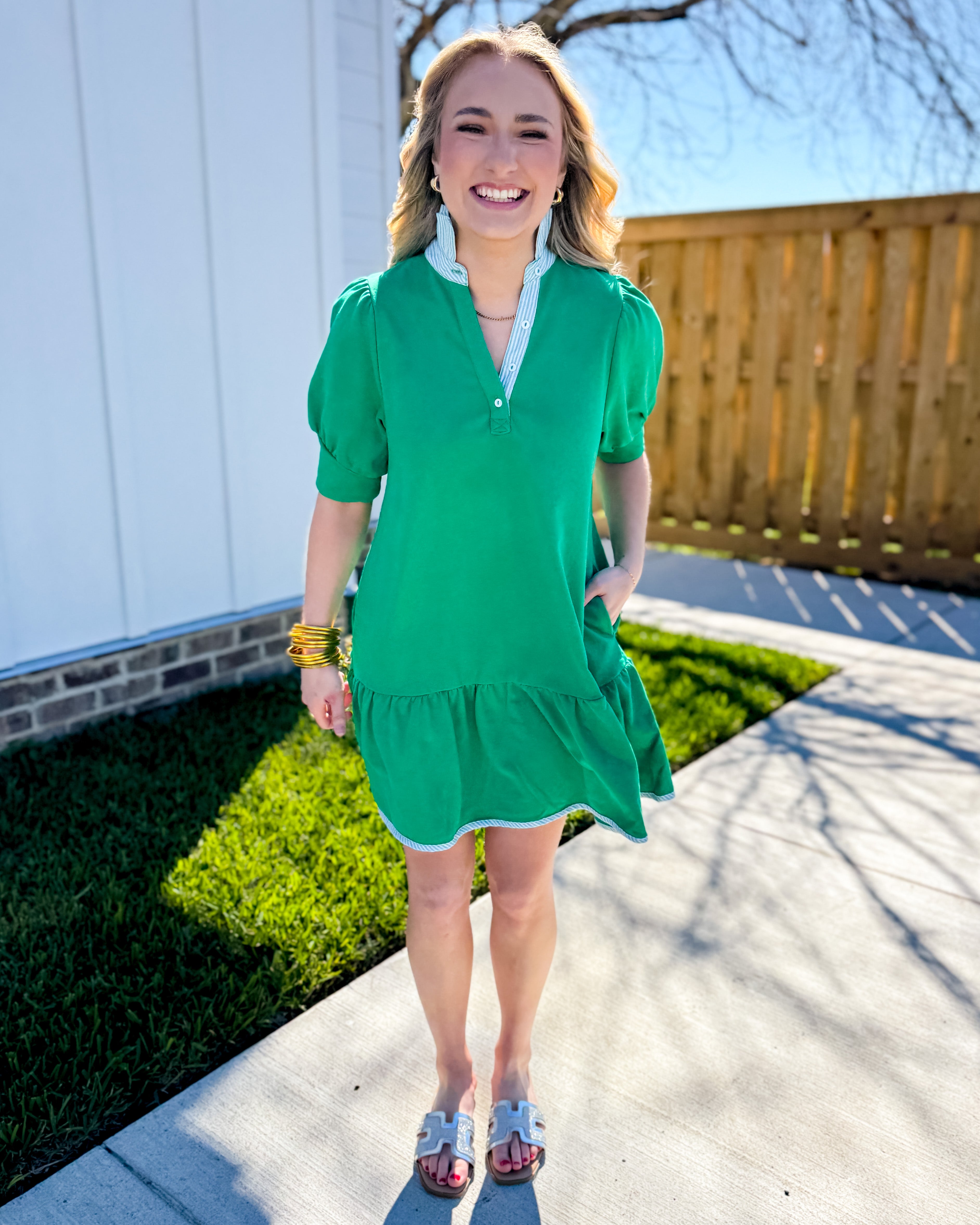 Striped High Neck and Solid Dress in Kelly Green