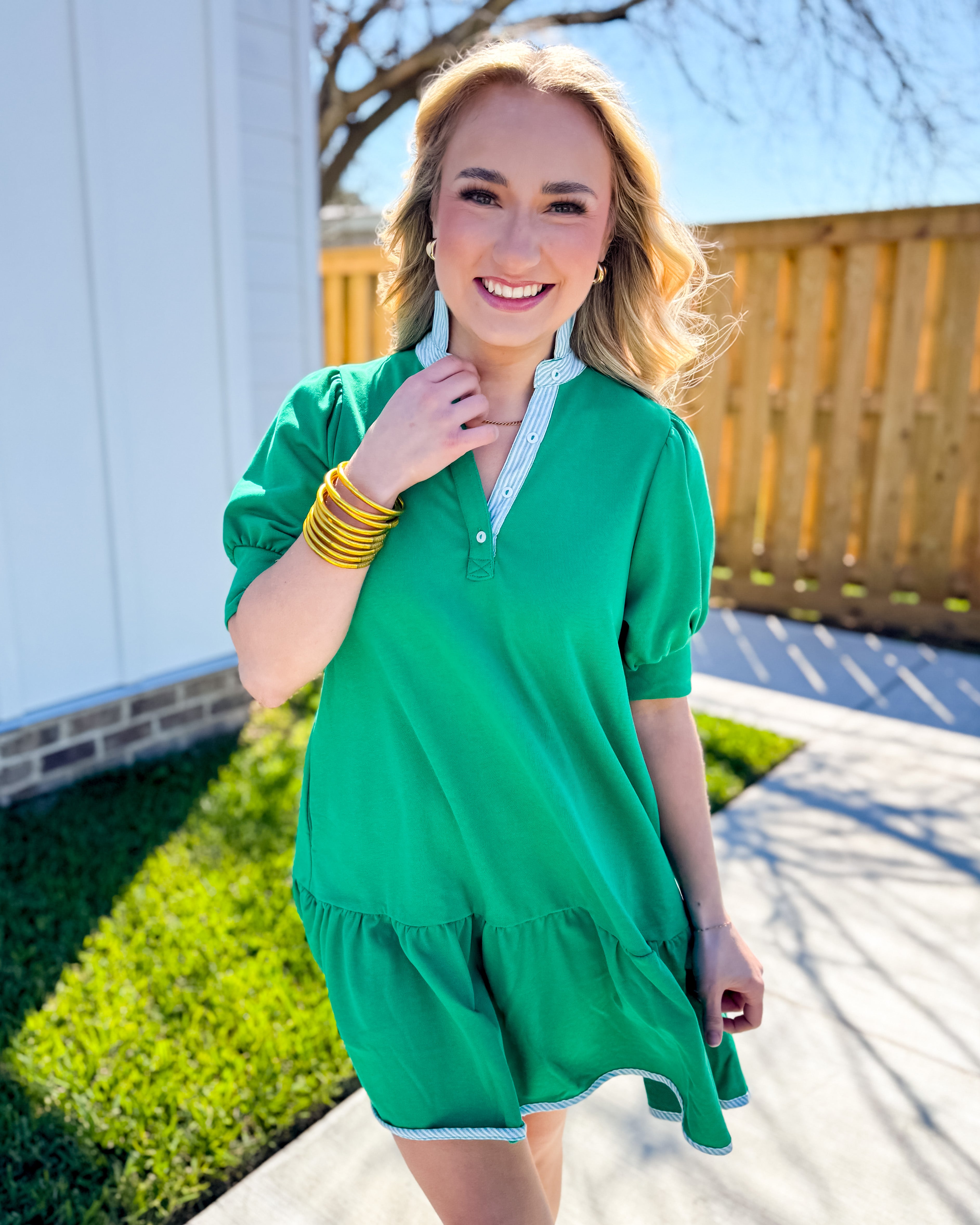 Striped High Neck and Solid Dress in Kelly Green