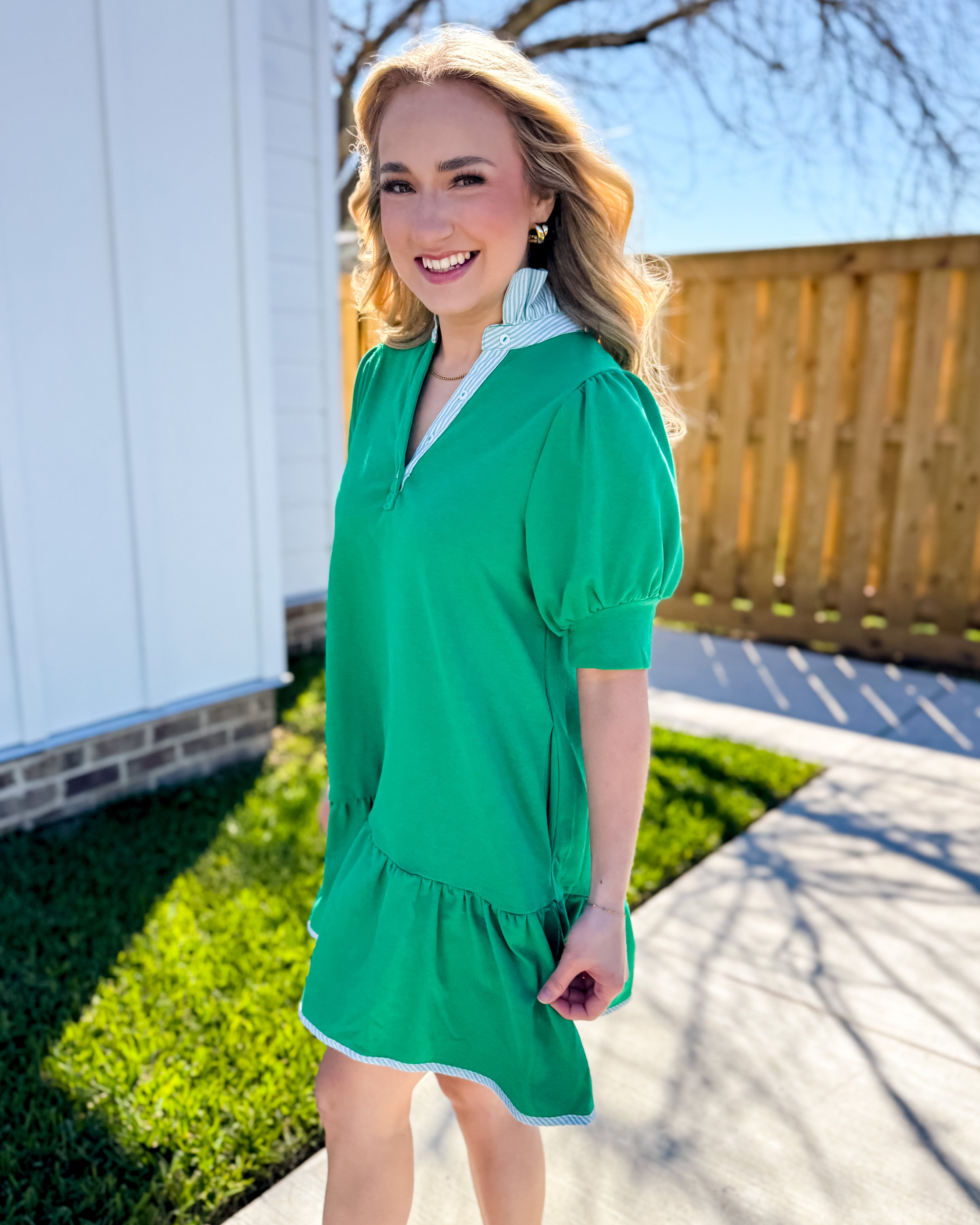 Striped High Neck and Solid Dress in Kelly Green