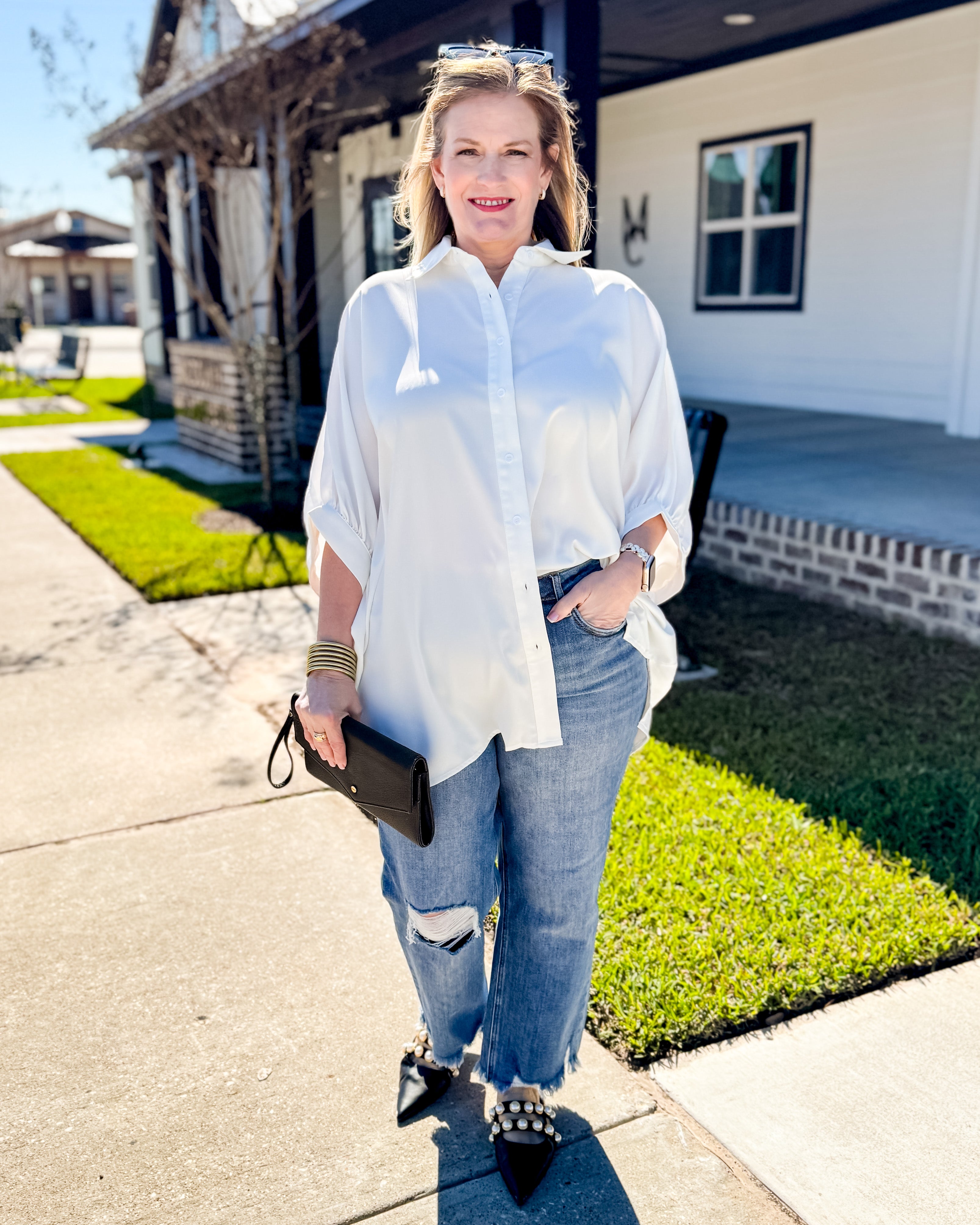 Solid Button Down Flowy Top in White