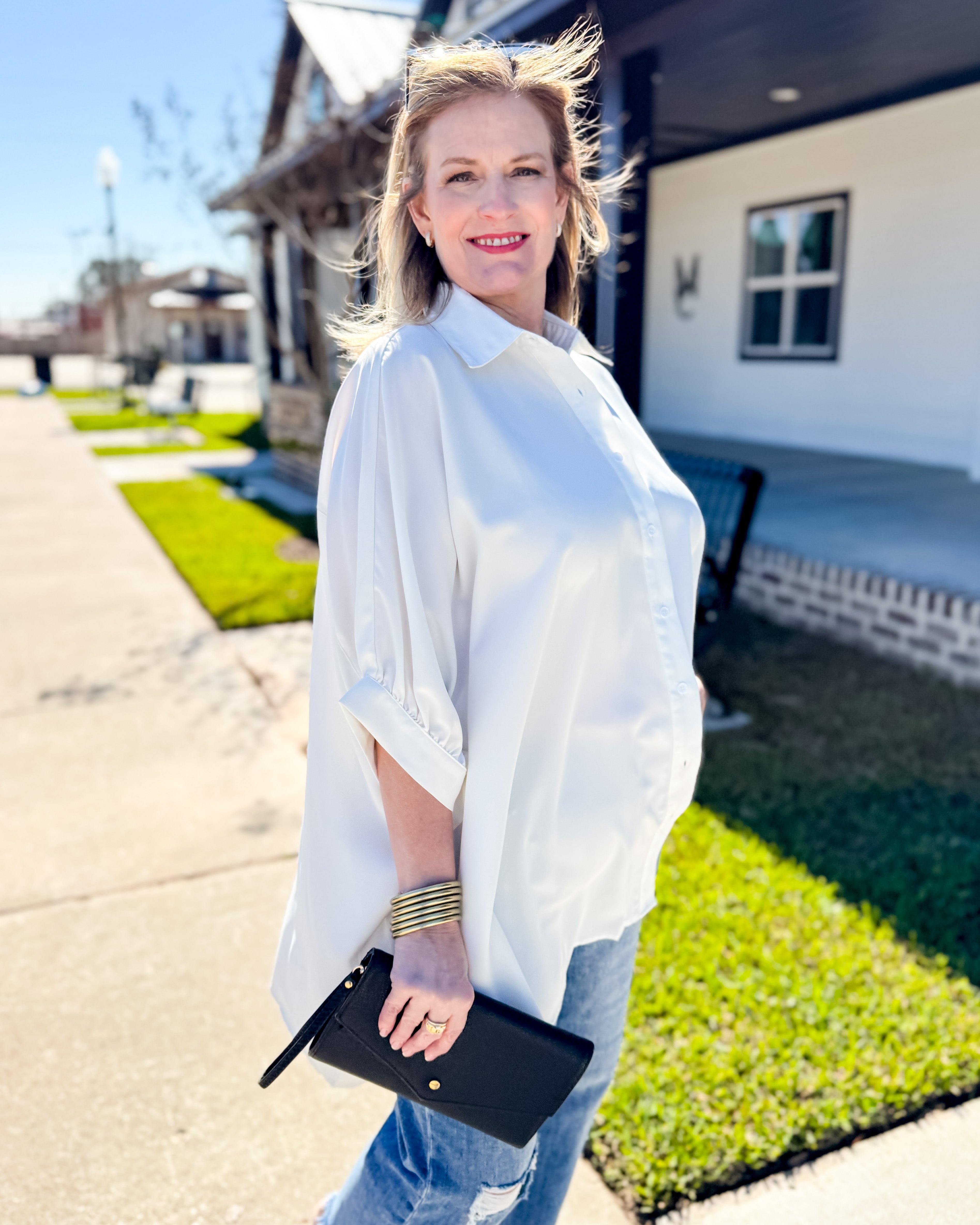 Solid Button Down Flowy Top in White
