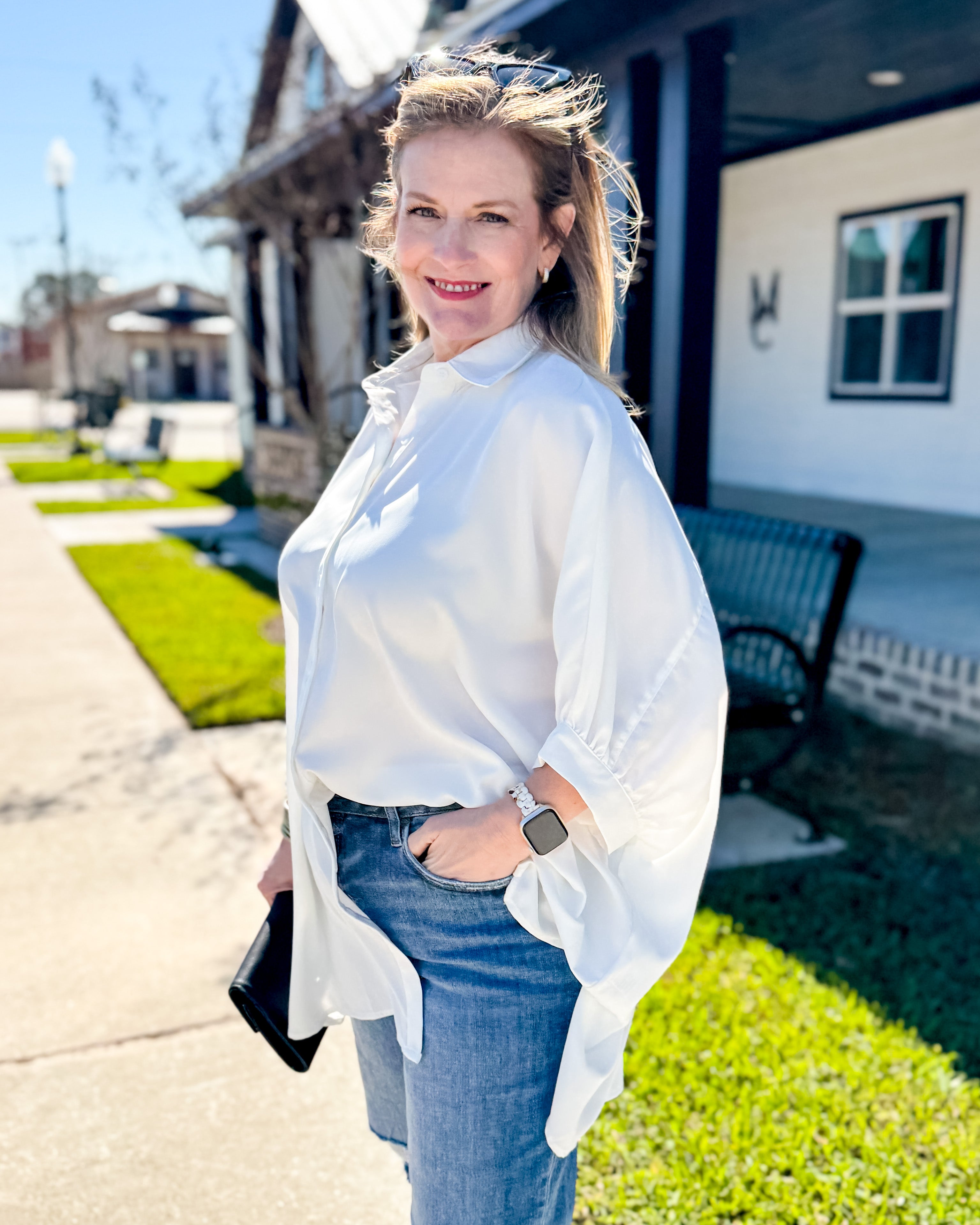 Solid Button Down Flowy Top in White