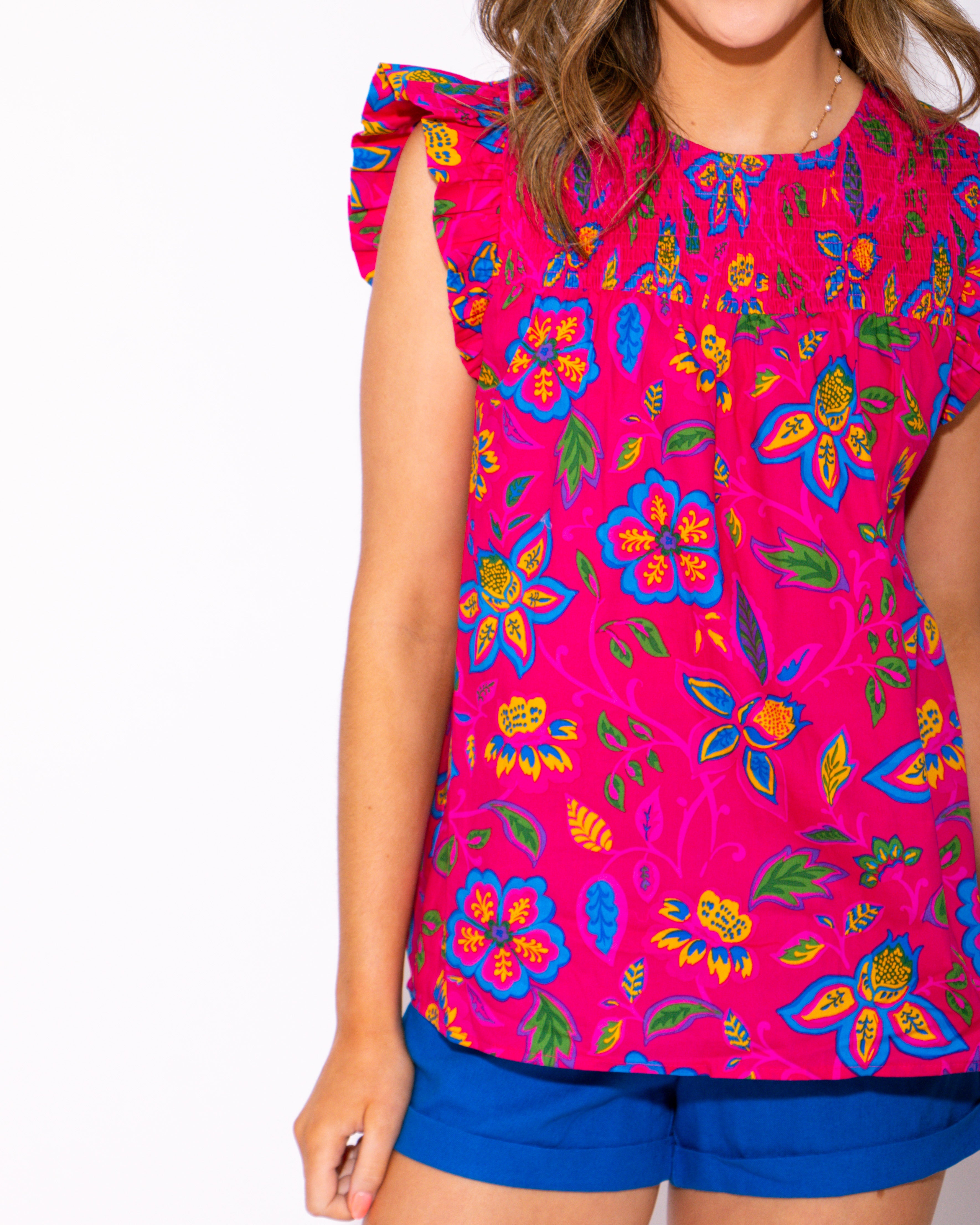Sunset Petals Smocked Front Ruffle Sleeve Top