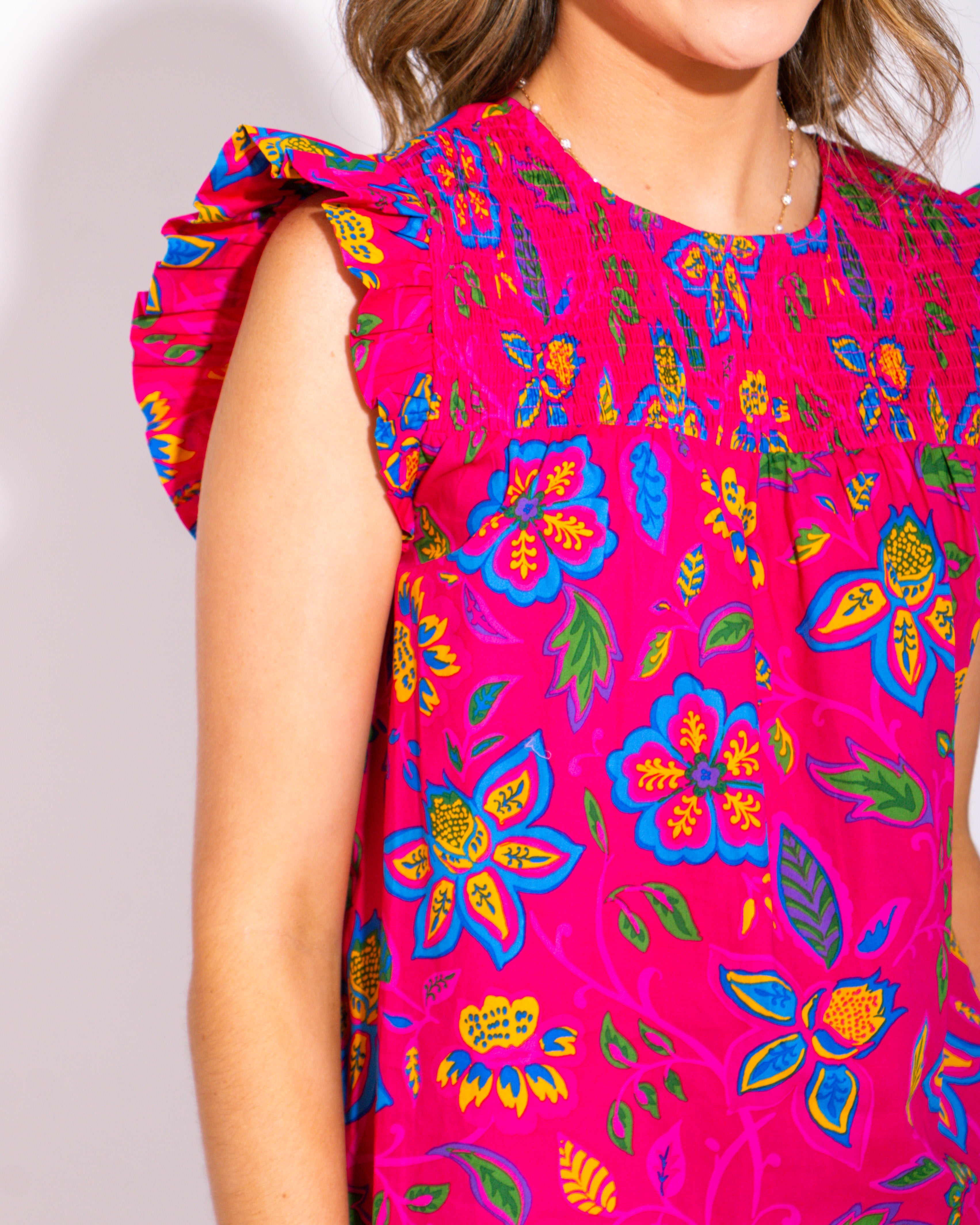 Sunset Petals Smocked Front Ruffle Sleeve Top