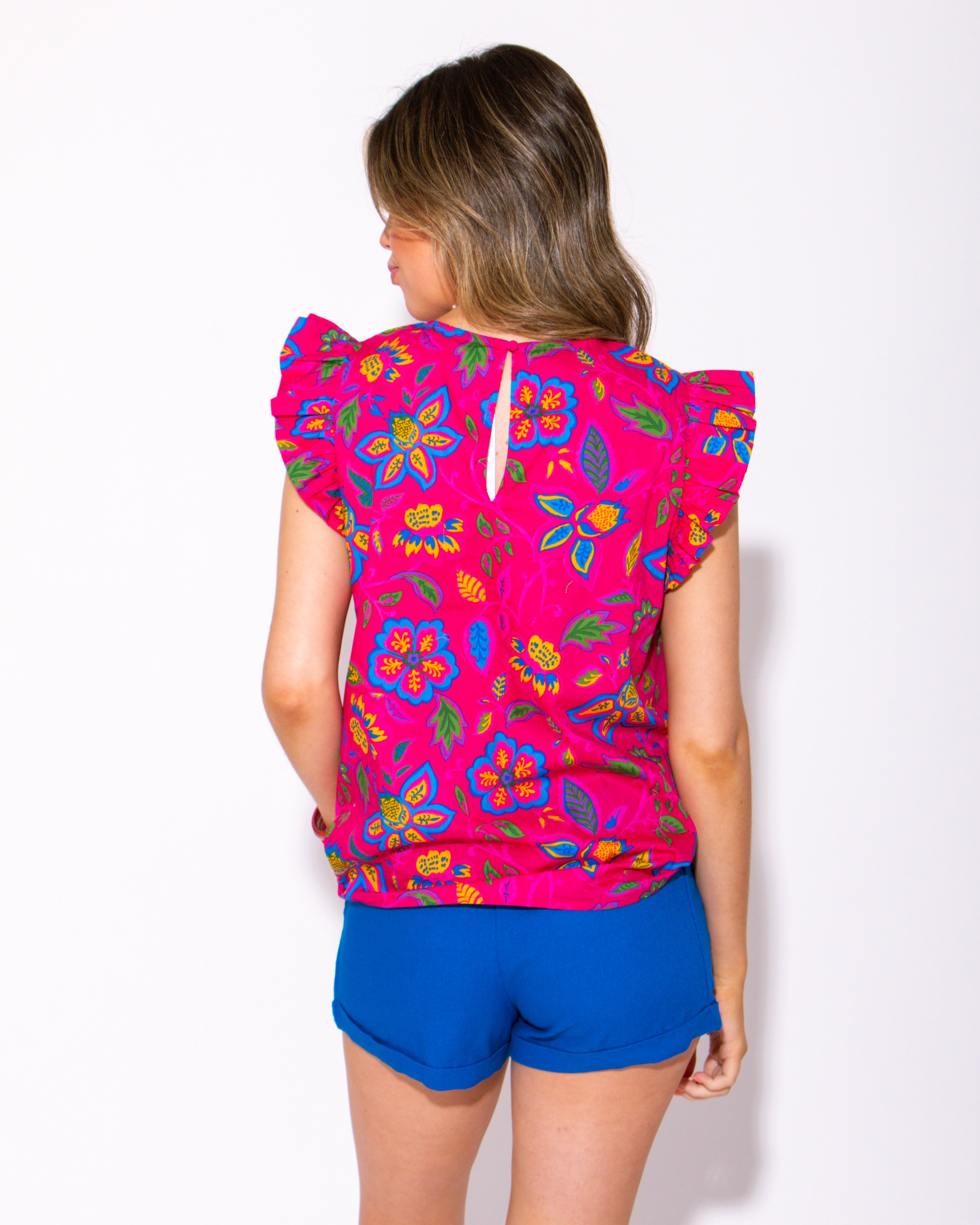 Sunset Petals Smocked Front Ruffle Sleeve Top