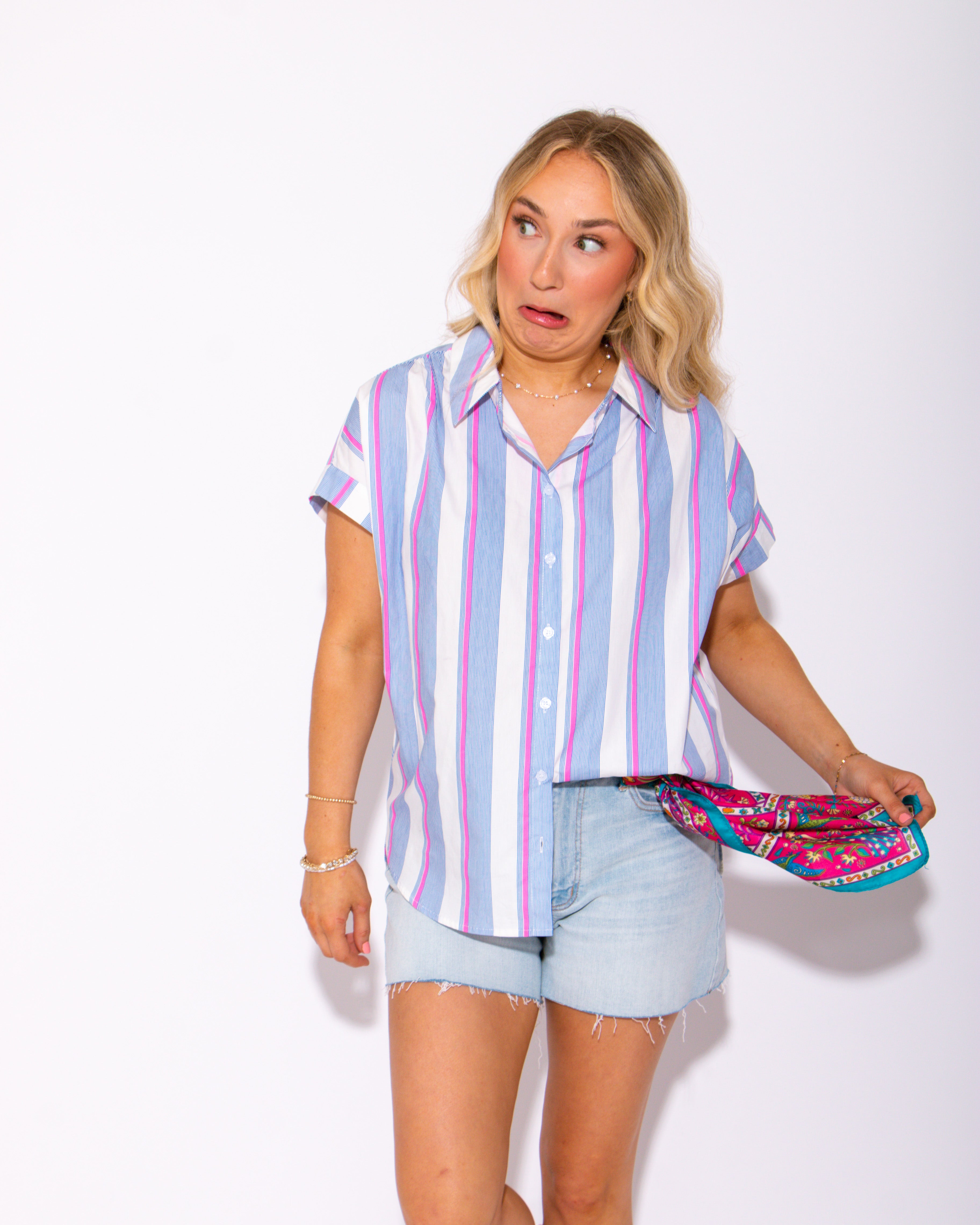 Striped Story Collared Button Up Top