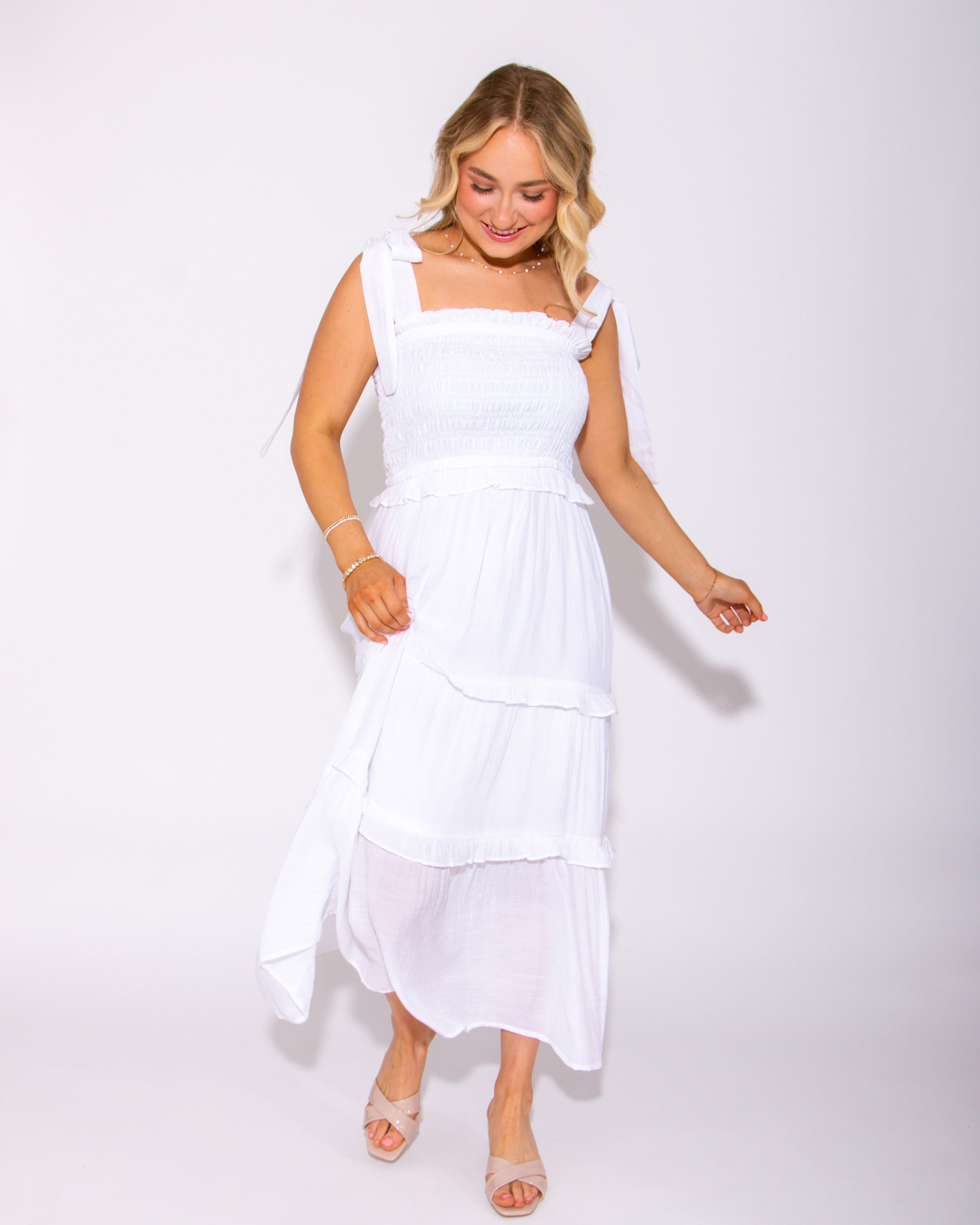 Gathered Grace Pleated Midi Dress in White