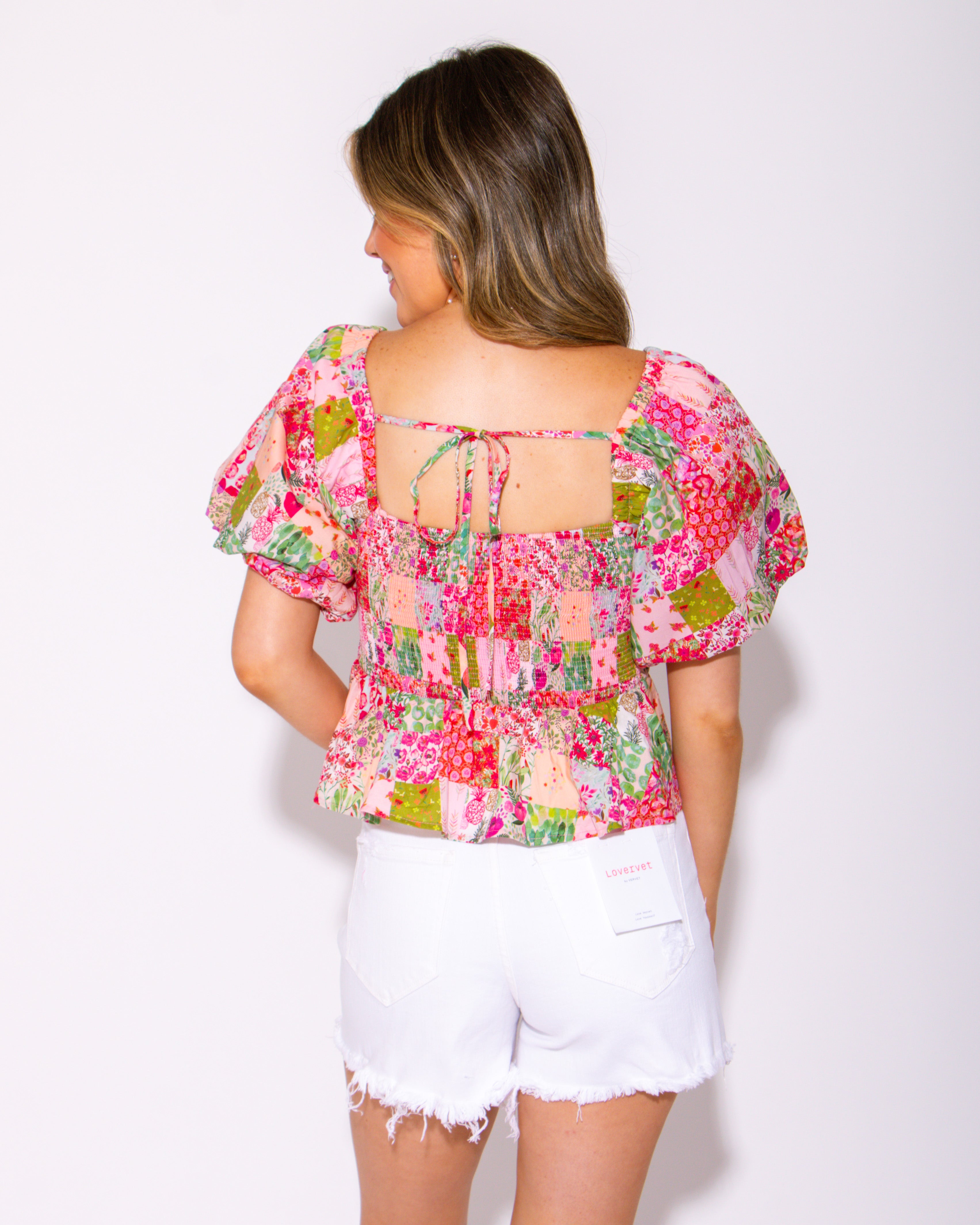 Sweetheart Stitch Shirred Patchwork Top