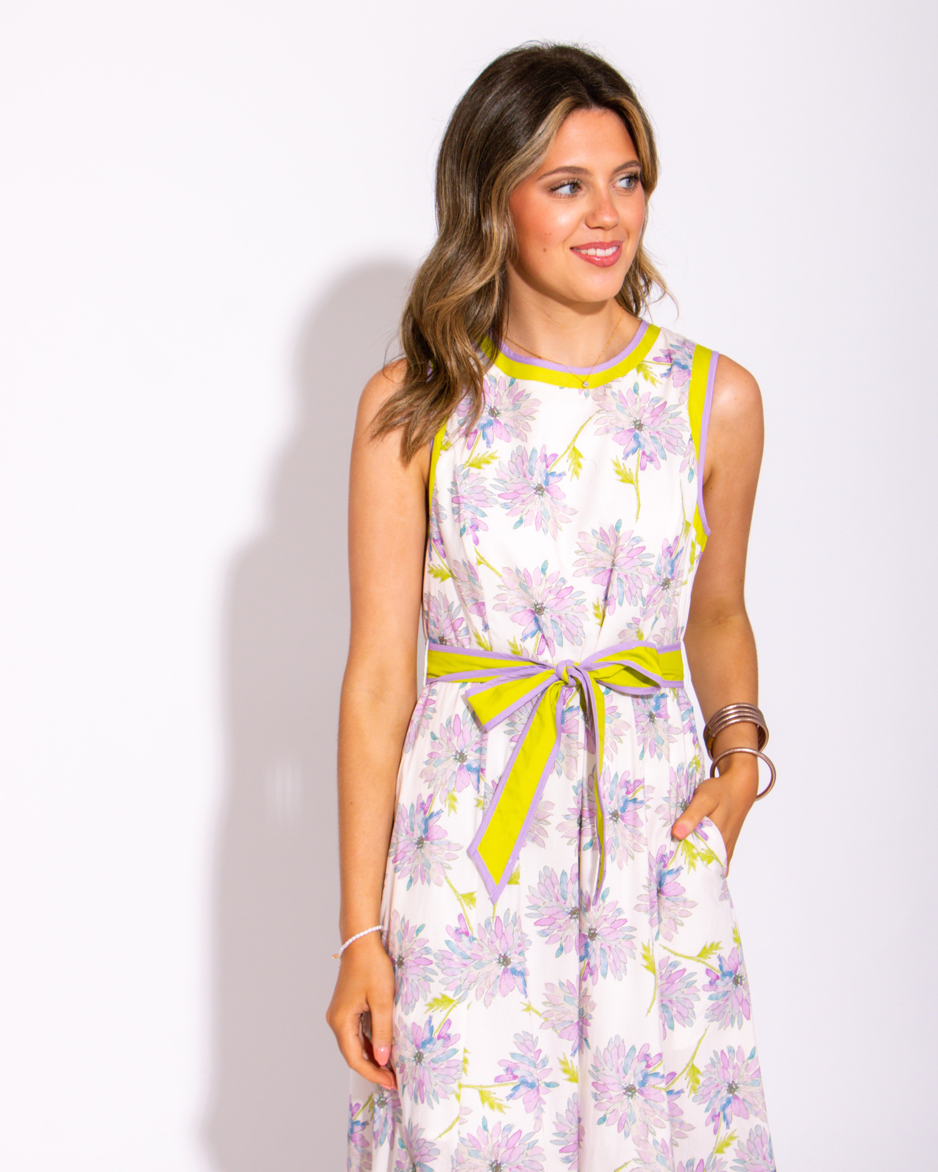 Colorband Bloom Midi Dress with Tie