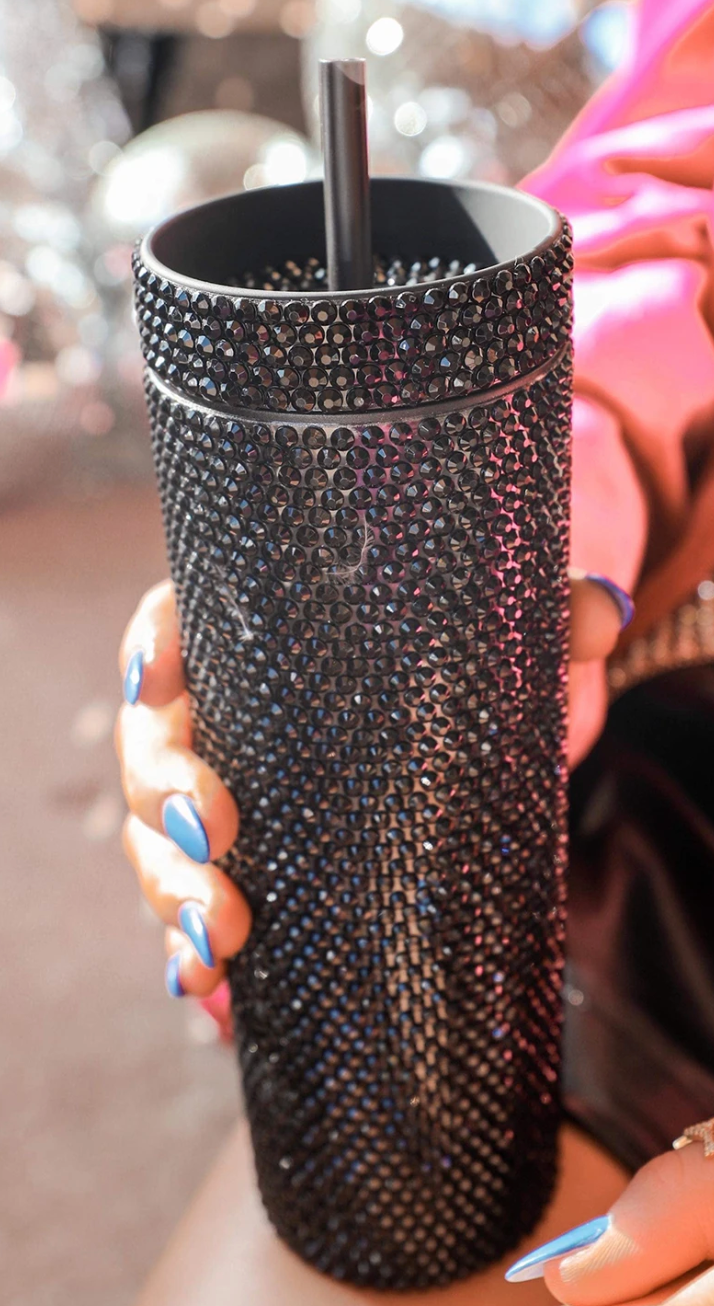 Black 16oz Full Rhinestone Straw Tumbler