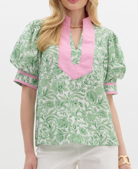 Green and Pink Petal Drift Split Neck Top
