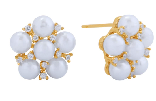 Floral Pearl & CZ Studded Bloom Earrings in Gold