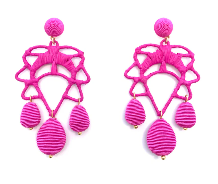 Cord and Rattan Lotus Drop Earrings - Hot Pink