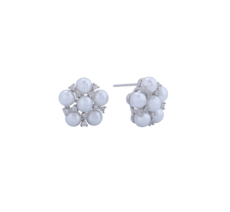 Floral Pearl & CZ Studded Bloom Earrings in Silver