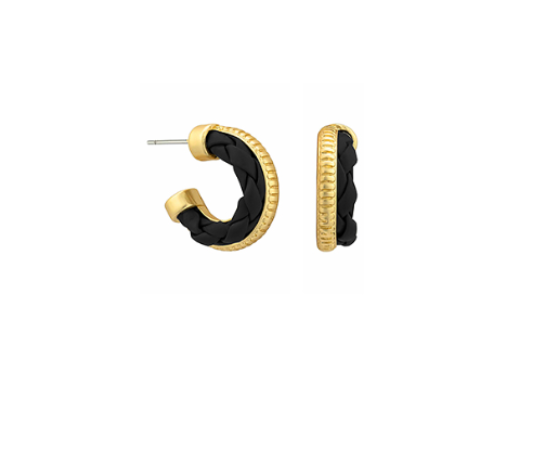 Twist Leather & Metal Hoops in Black