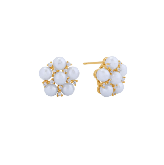 Floral Pearl & CZ Studded Bloom Earrings in Gold