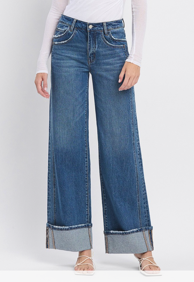 Vervet | High Rise Cuffed Panel Wide Jeans