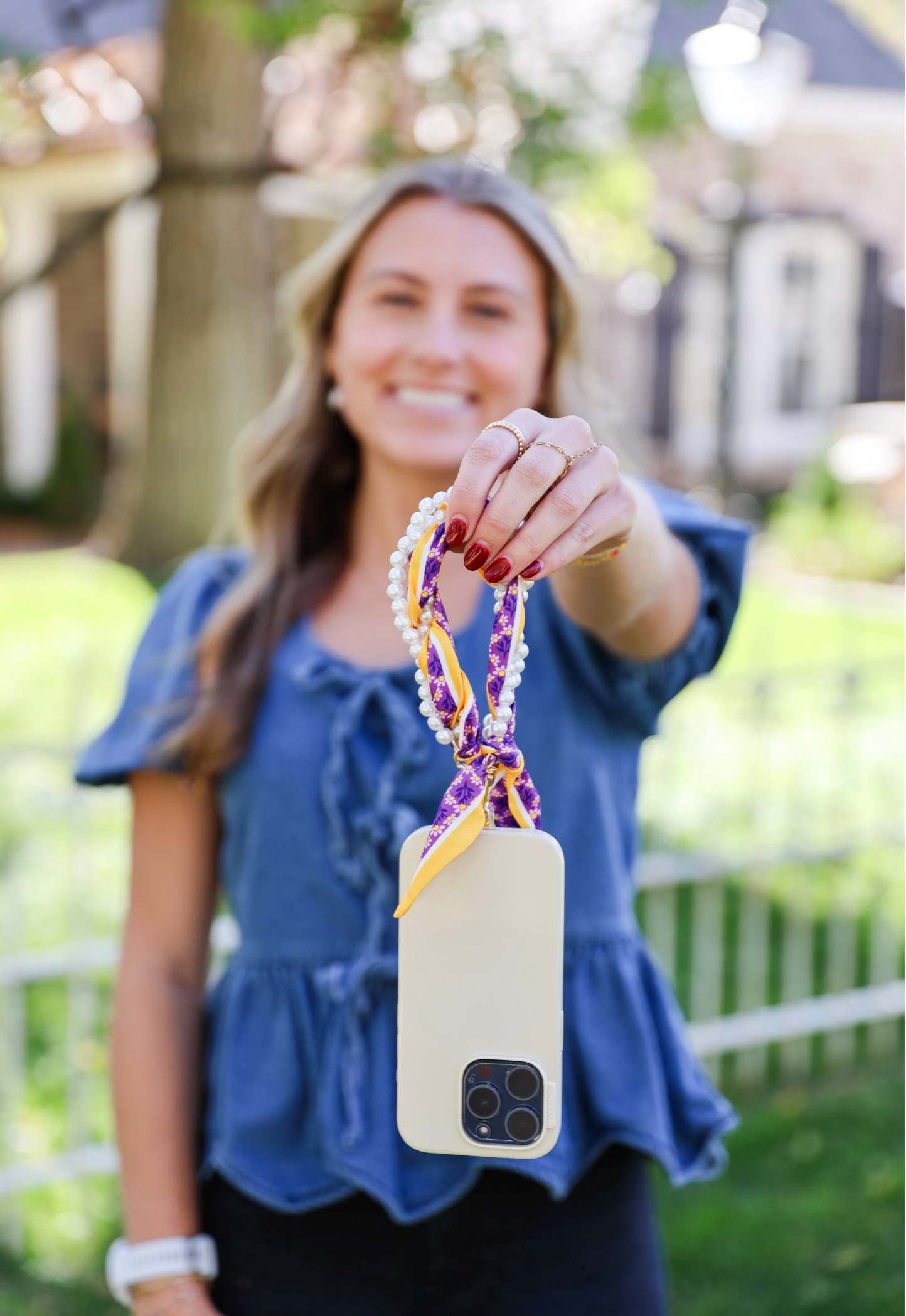 Woven Pearl Phone Strap in Purple/Gold
