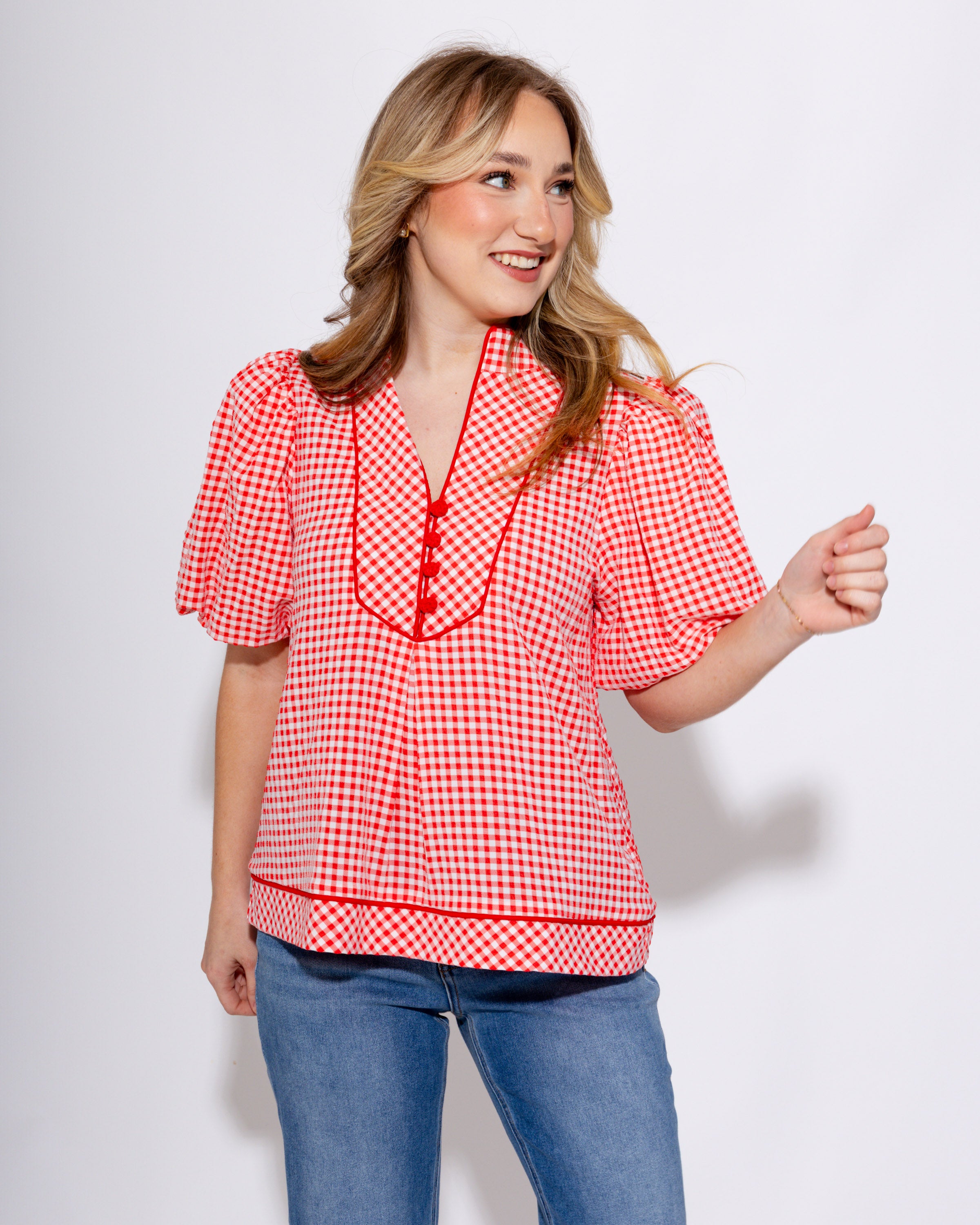 Refined Red Gingham Puff Sleeve Top