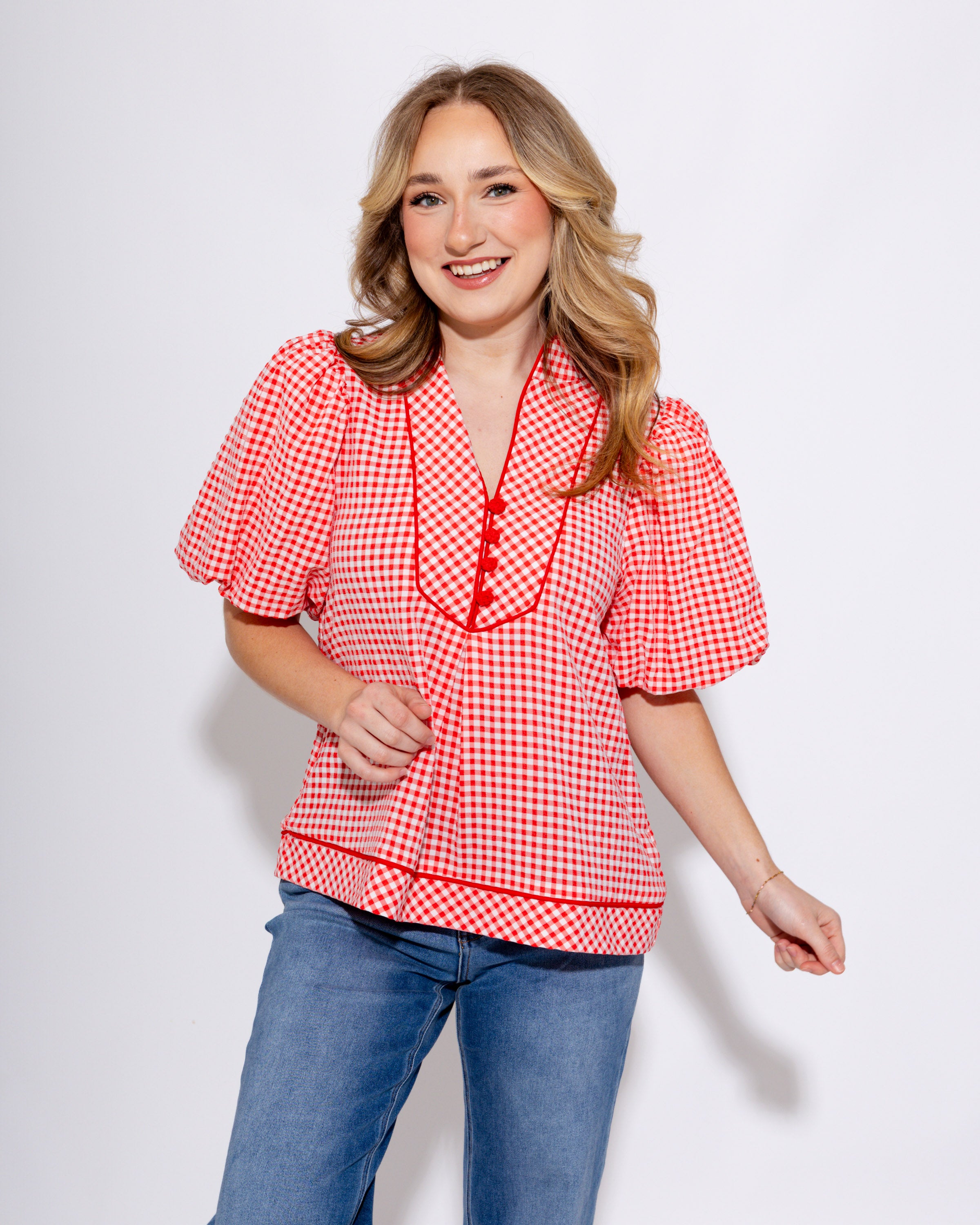 Refined Red Gingham Puff Sleeve Top