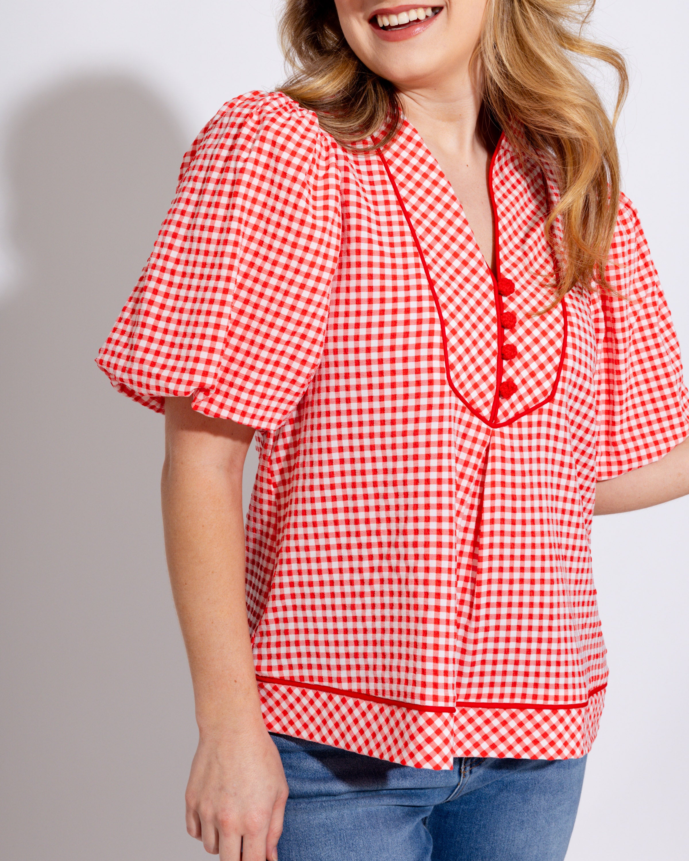 Refined Red Gingham Puff Sleeve Top