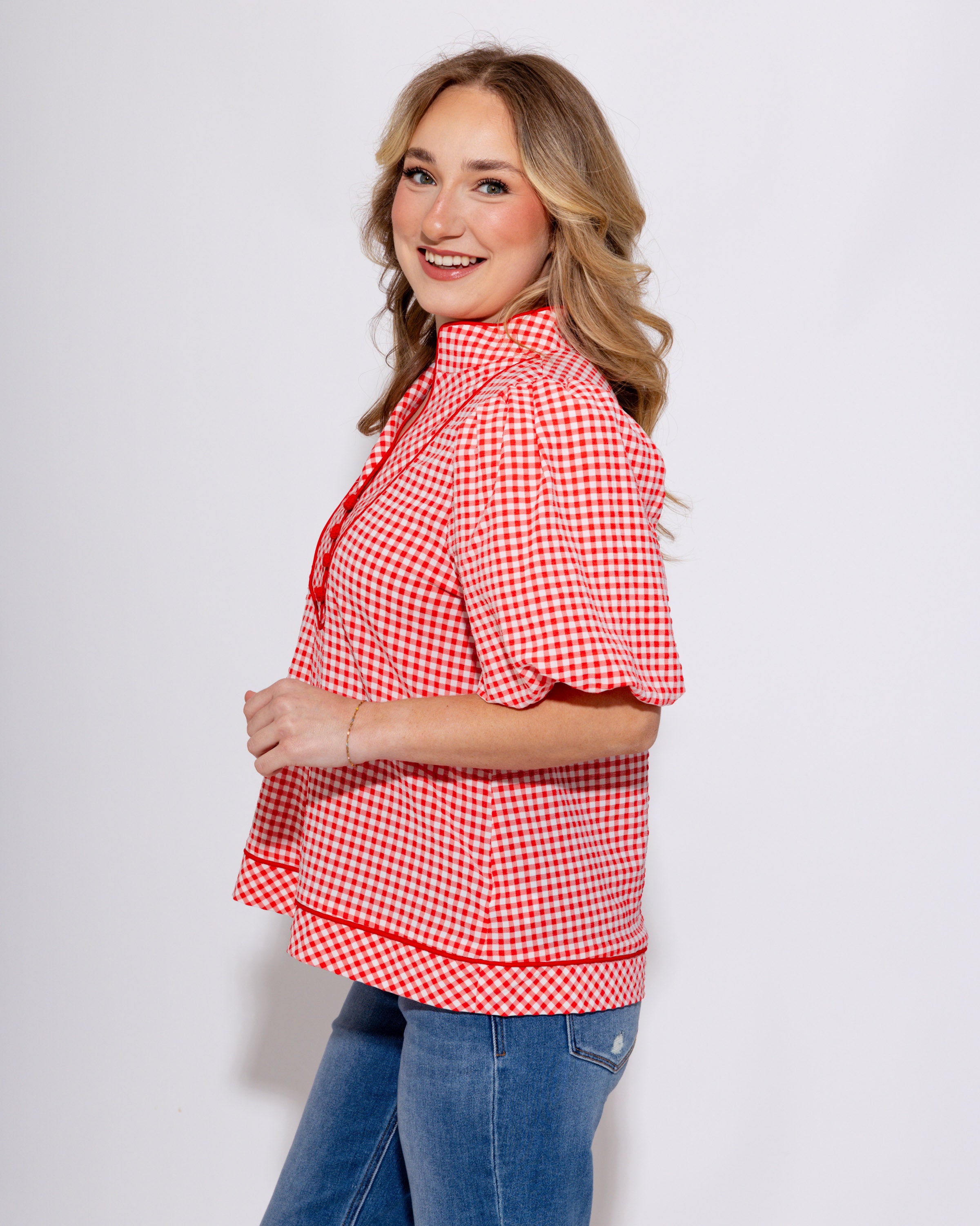 Refined Red Gingham Puff Sleeve Top