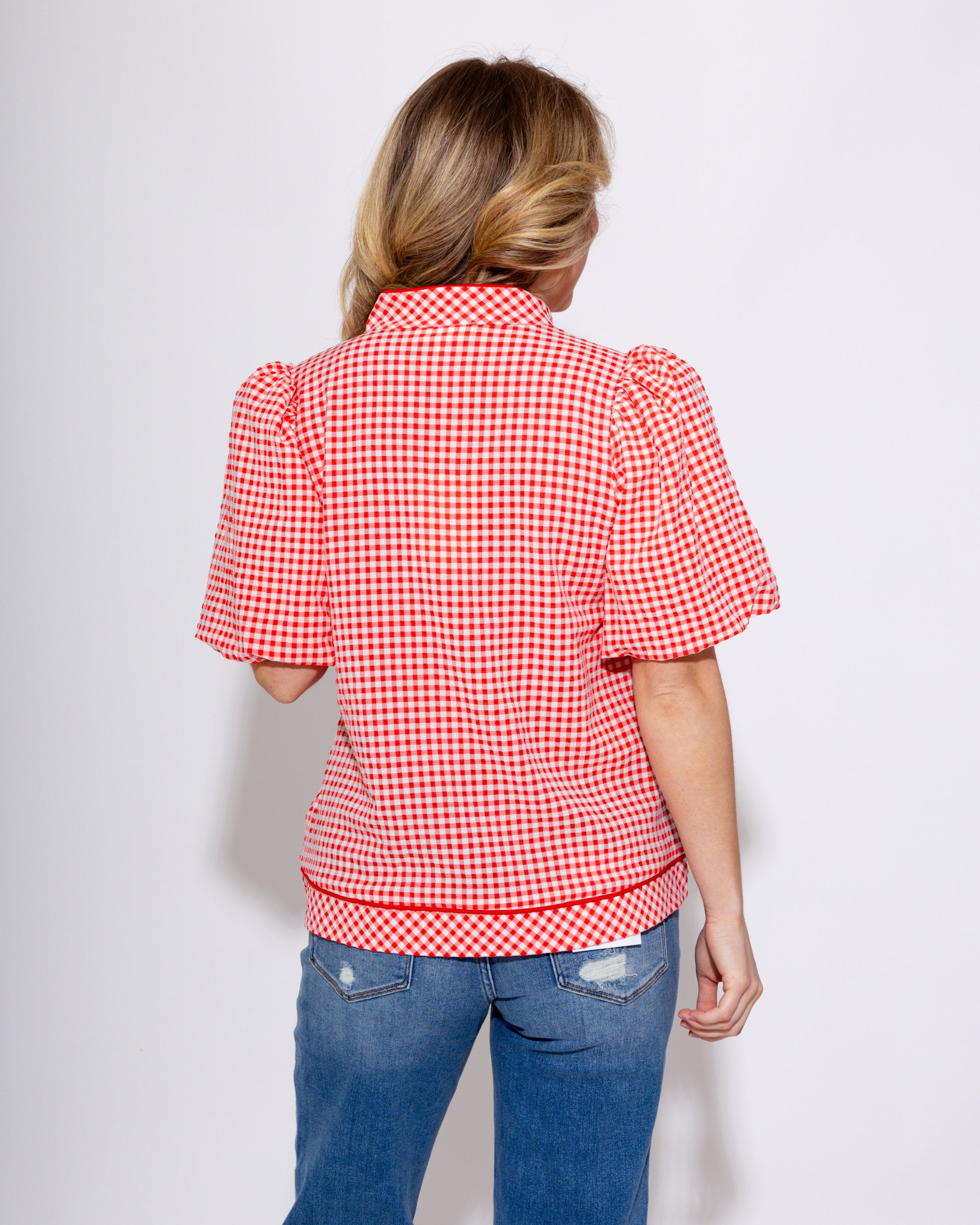 Refined Red Gingham Puff Sleeve Top