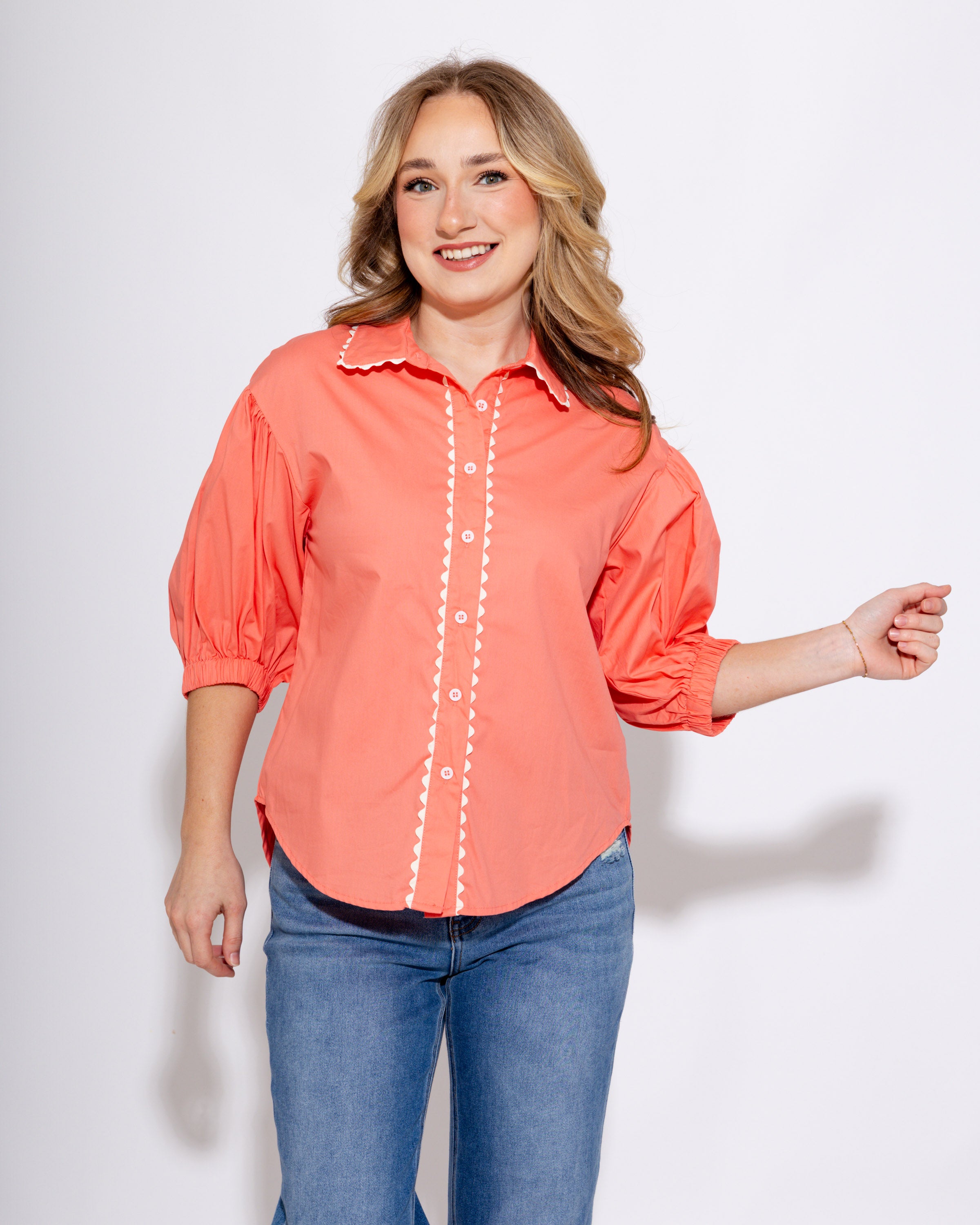 Wavy Trim Delight Button Up Top in Pink
