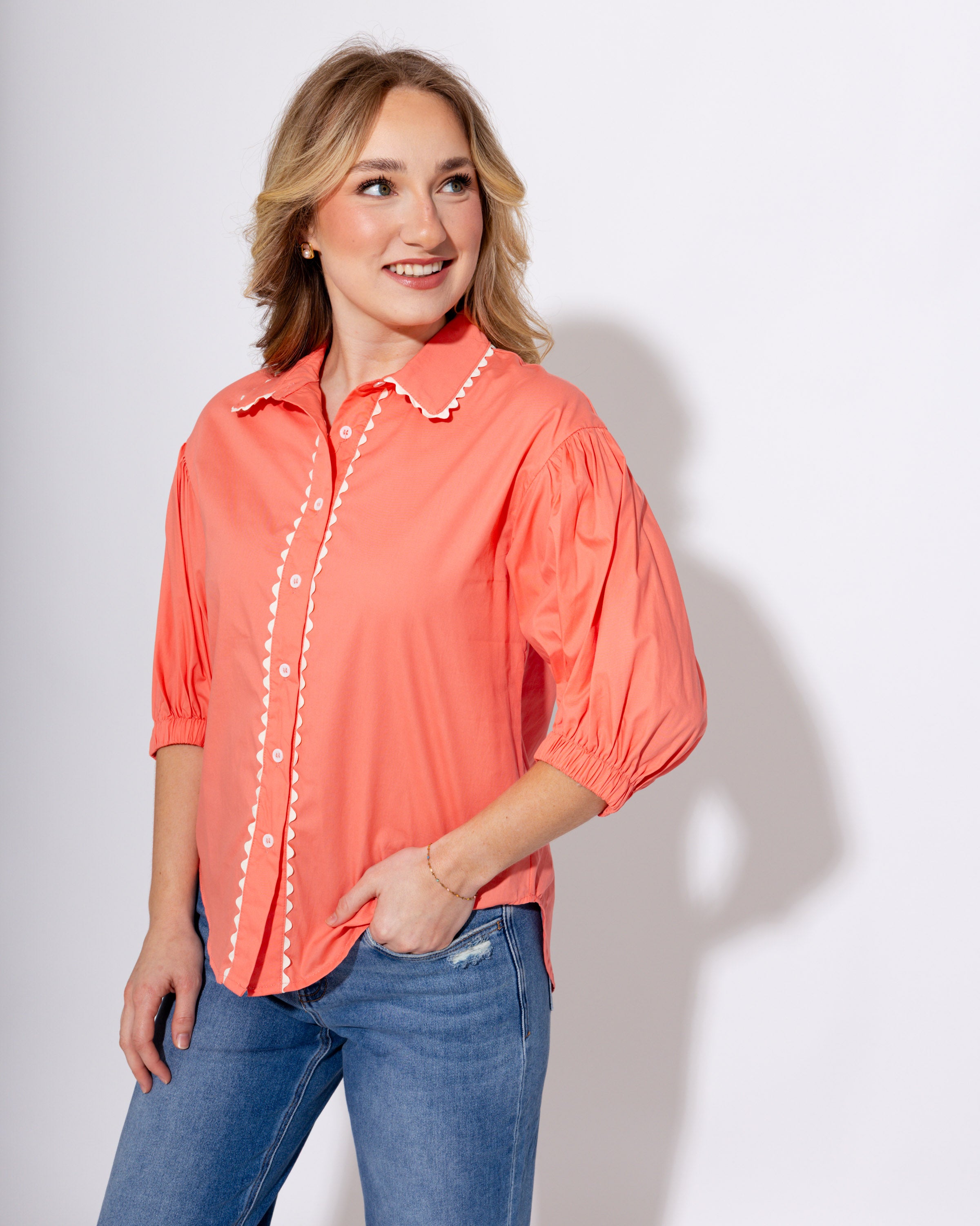 Wavy Trim Delight Button Up Top in Pink