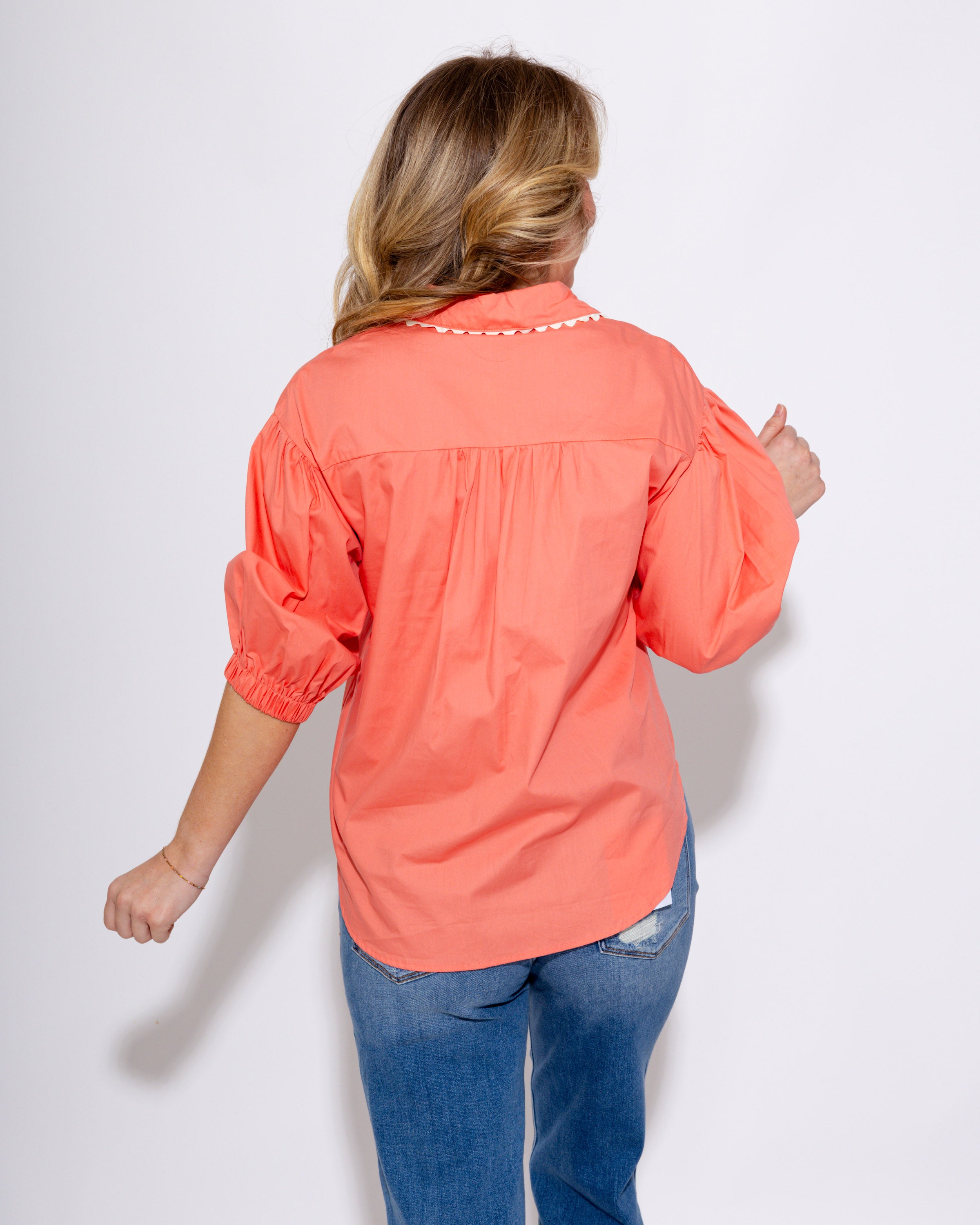 Wavy Trim Delight Button Up Top in Pink