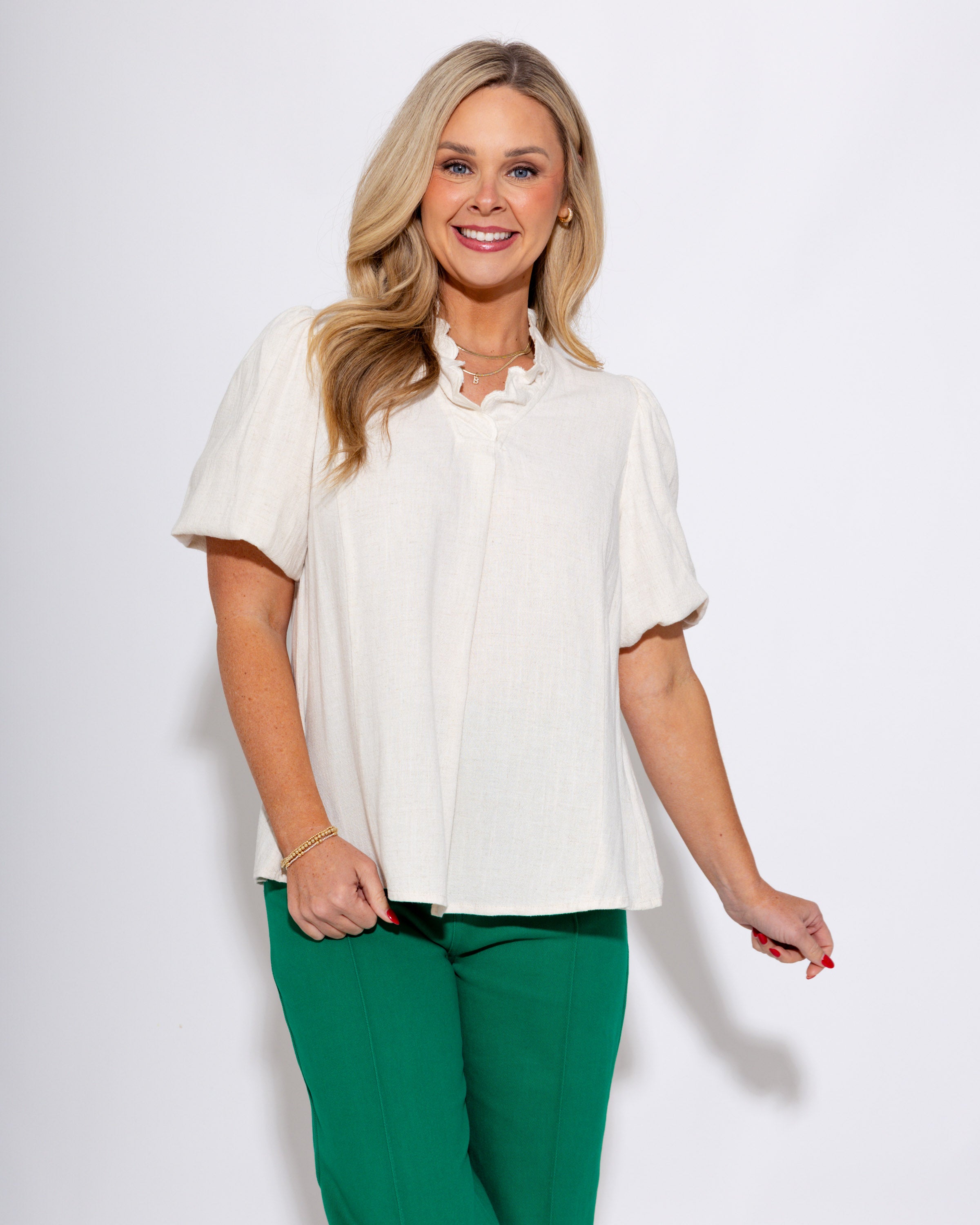Breezy Ruffle V-Neck Linen Top in Oatmeal