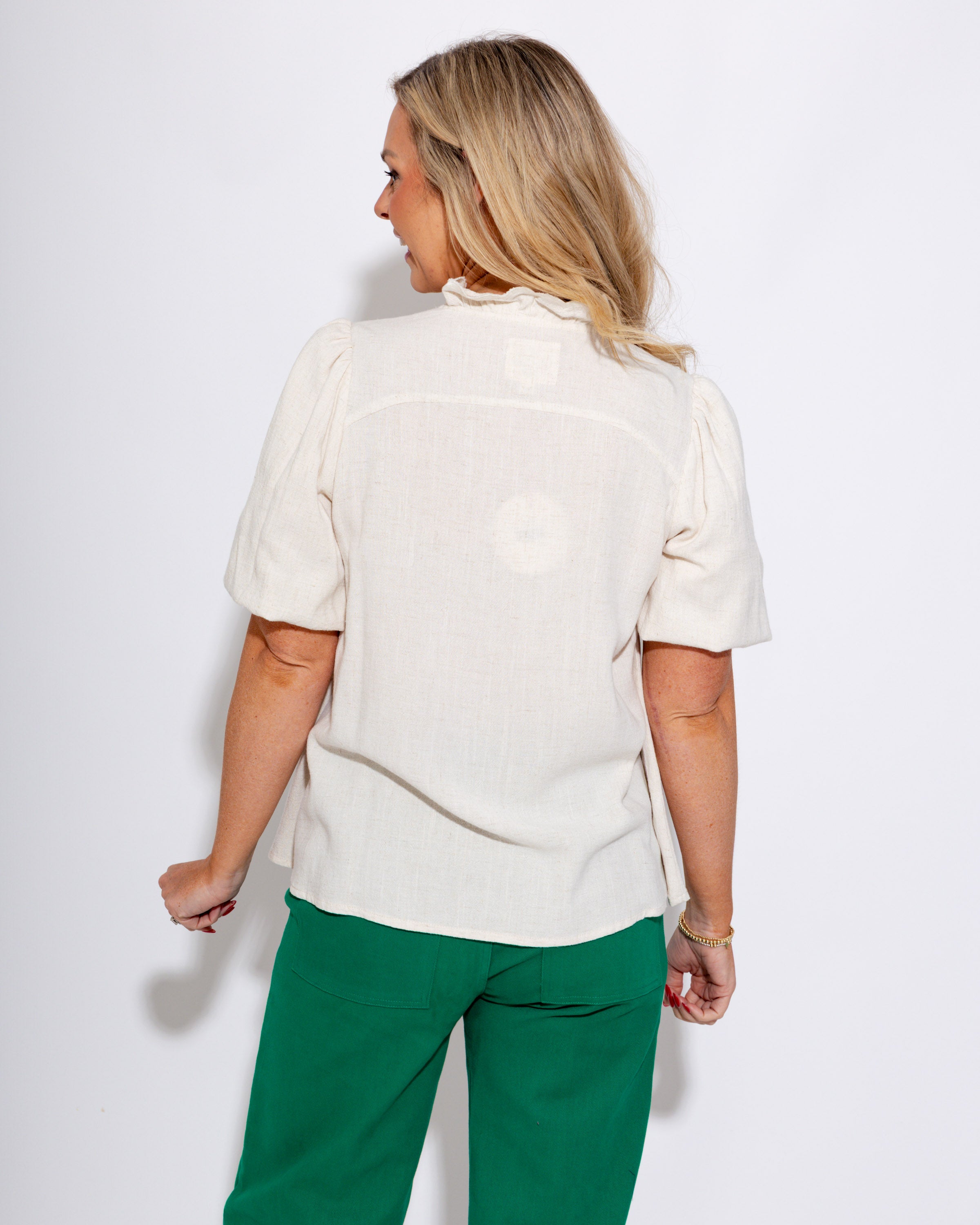 Breezy Ruffle V-Neck Linen Top in Oatmeal