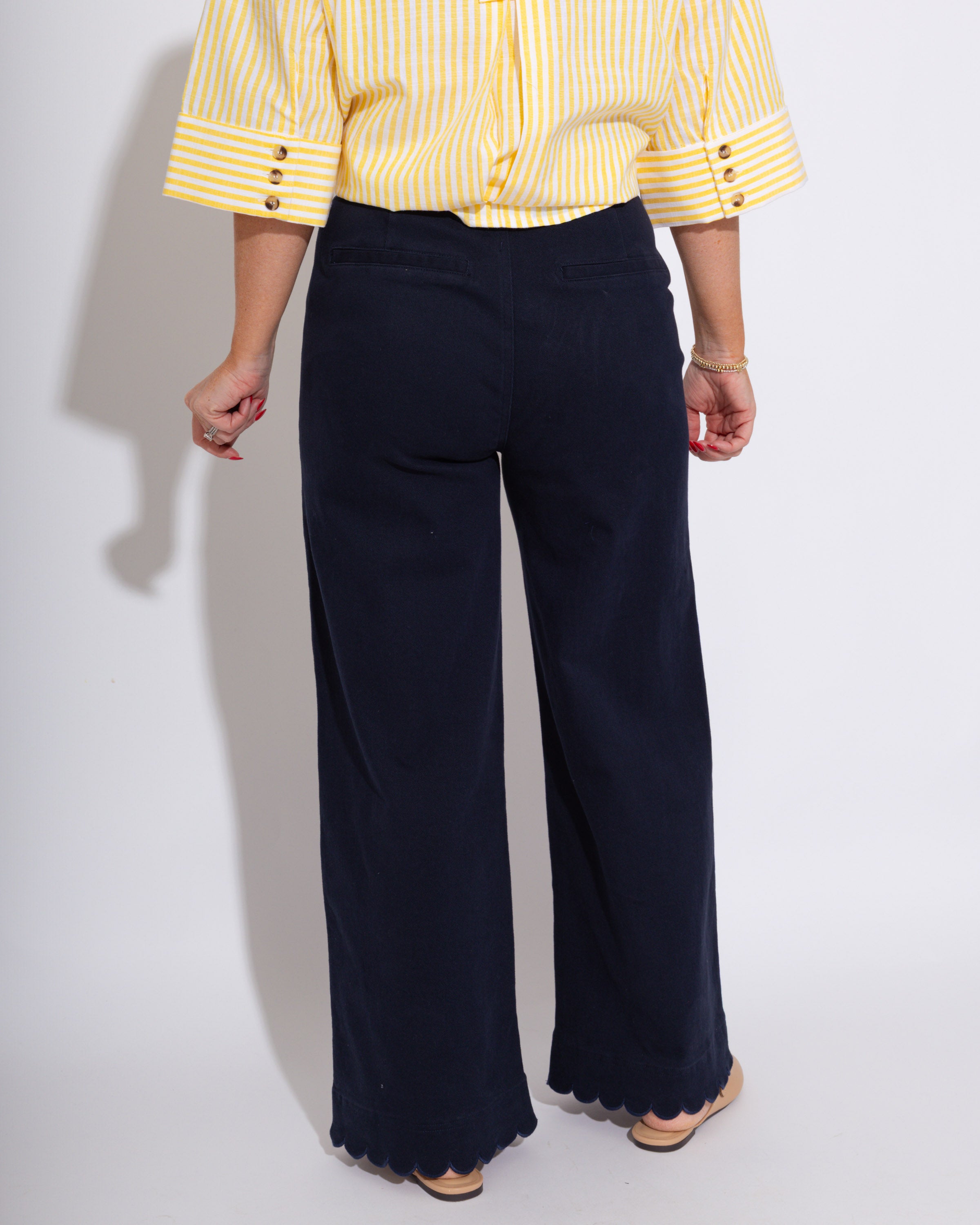 Scallop Trim Wide Leg Pants in Navy