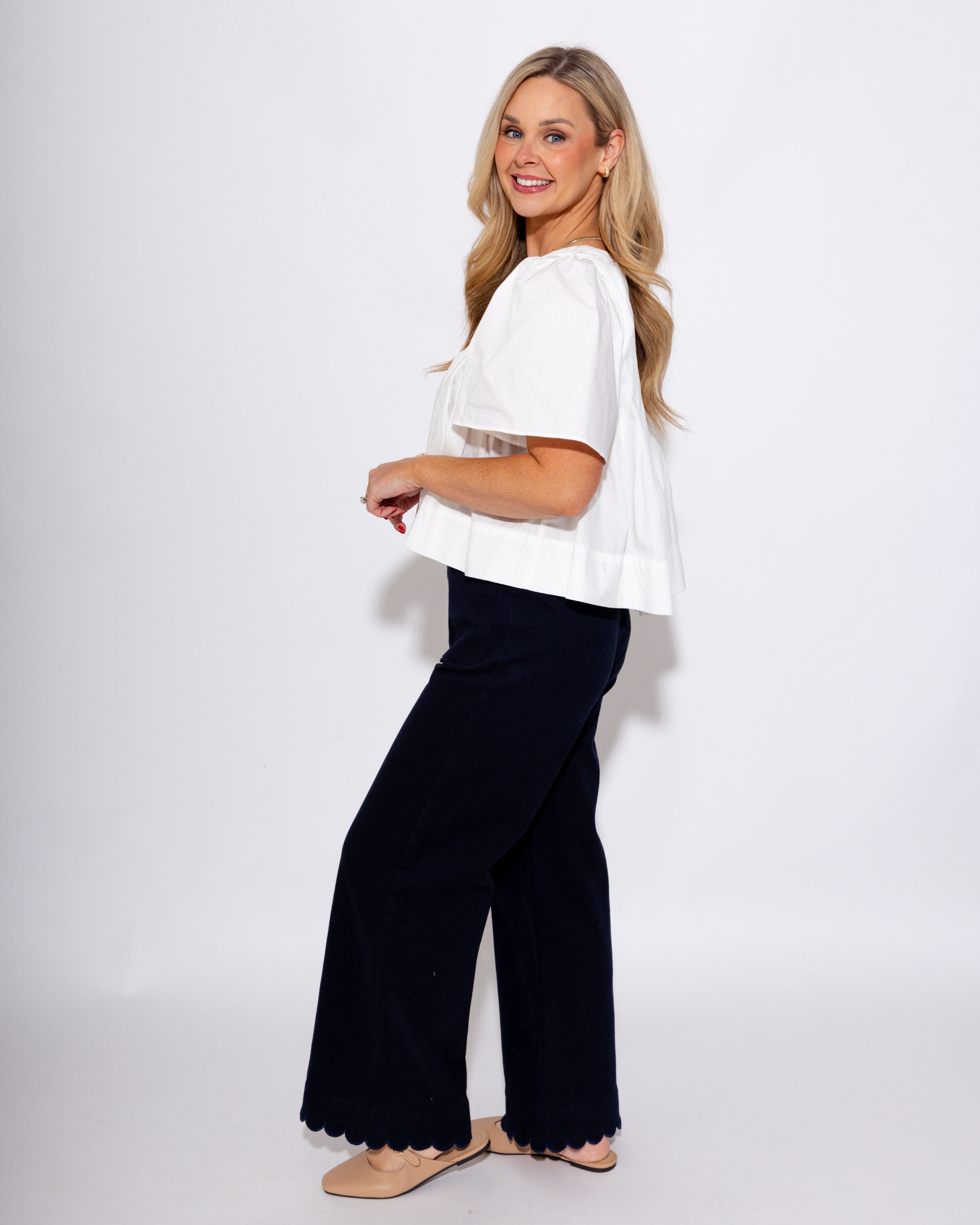 Pleated Short Sleeve Top in White