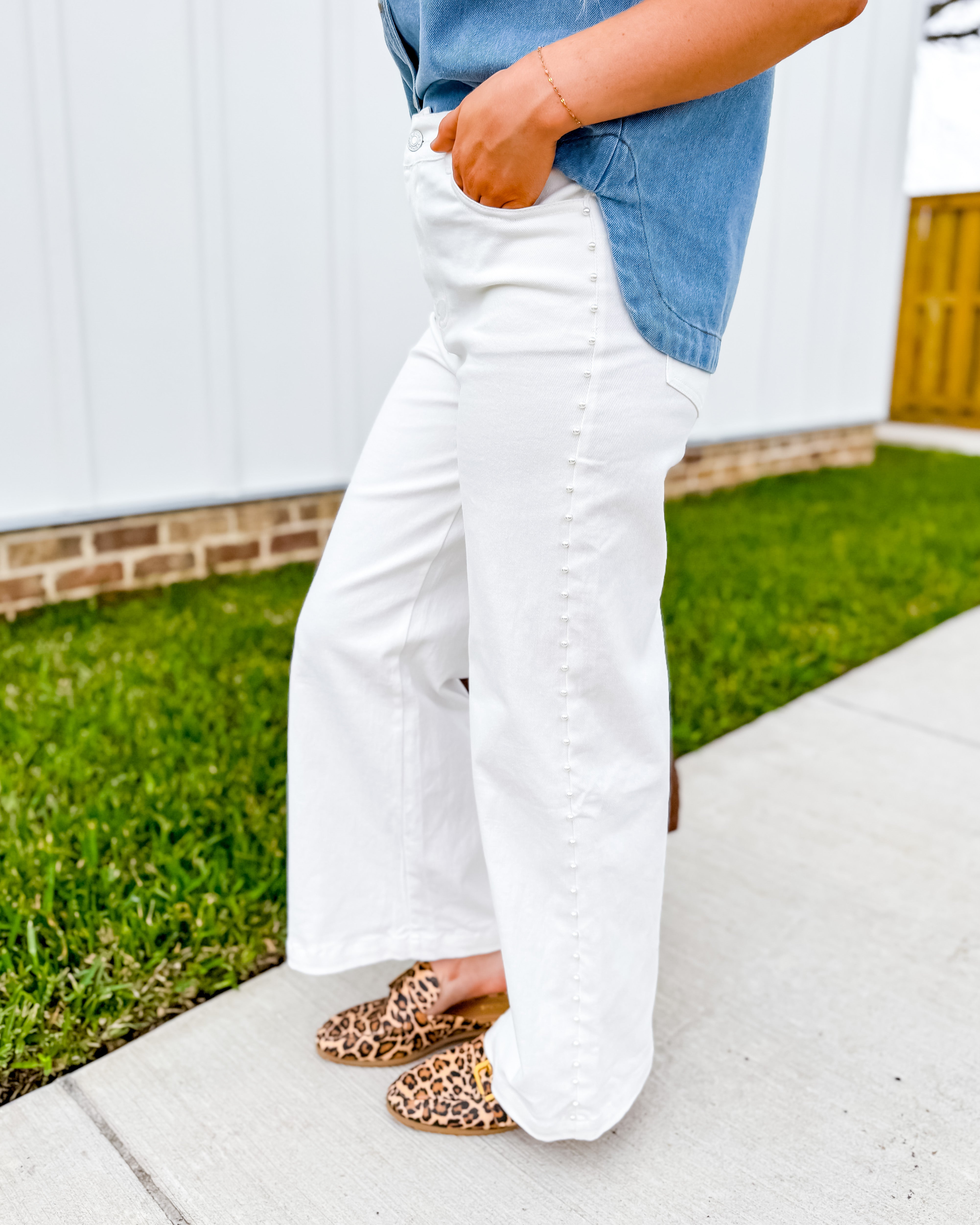 White High Waisted Wide Leg Denim With Pearl Details