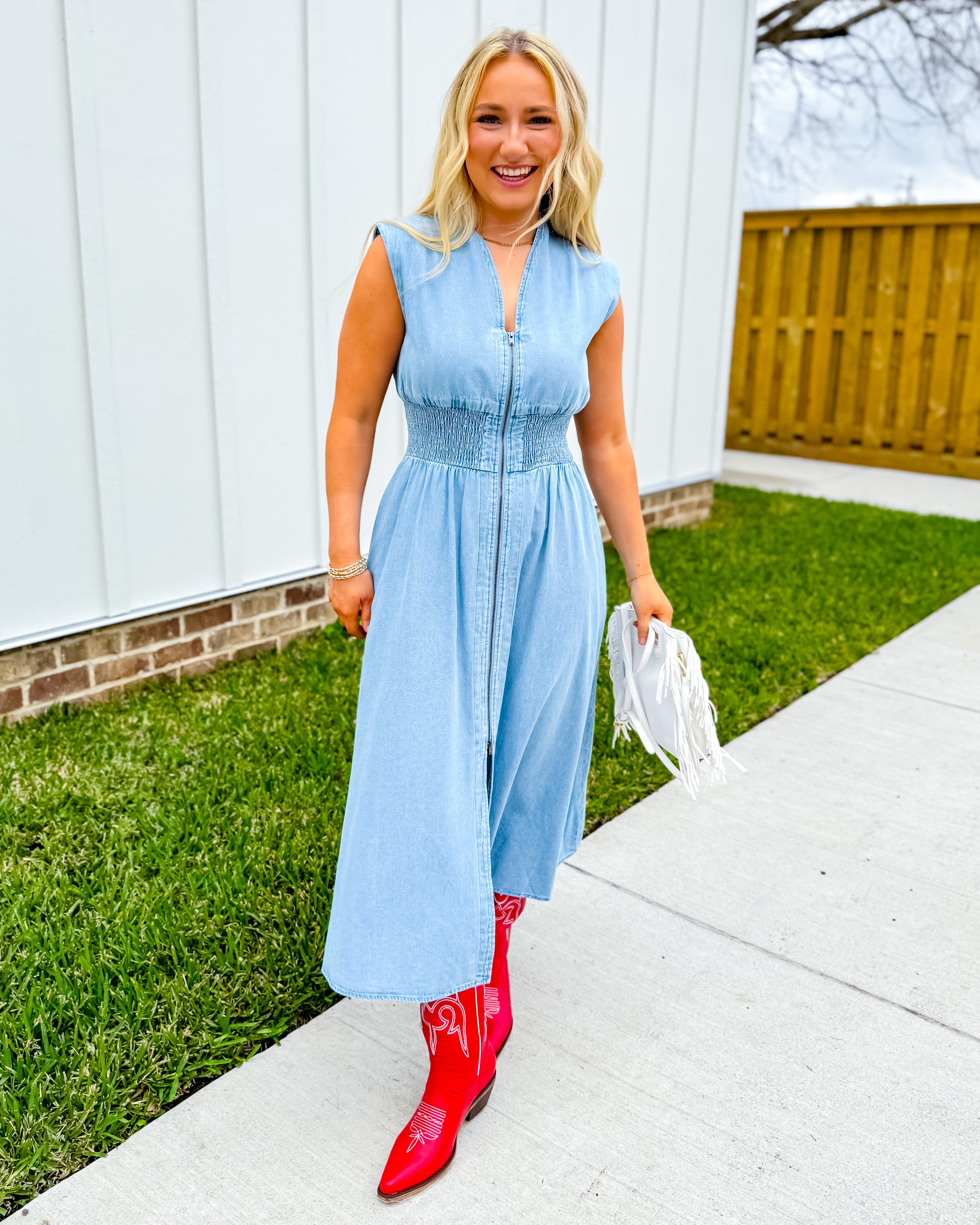 Sleeveless Denim Smocked Waist Midi Dress