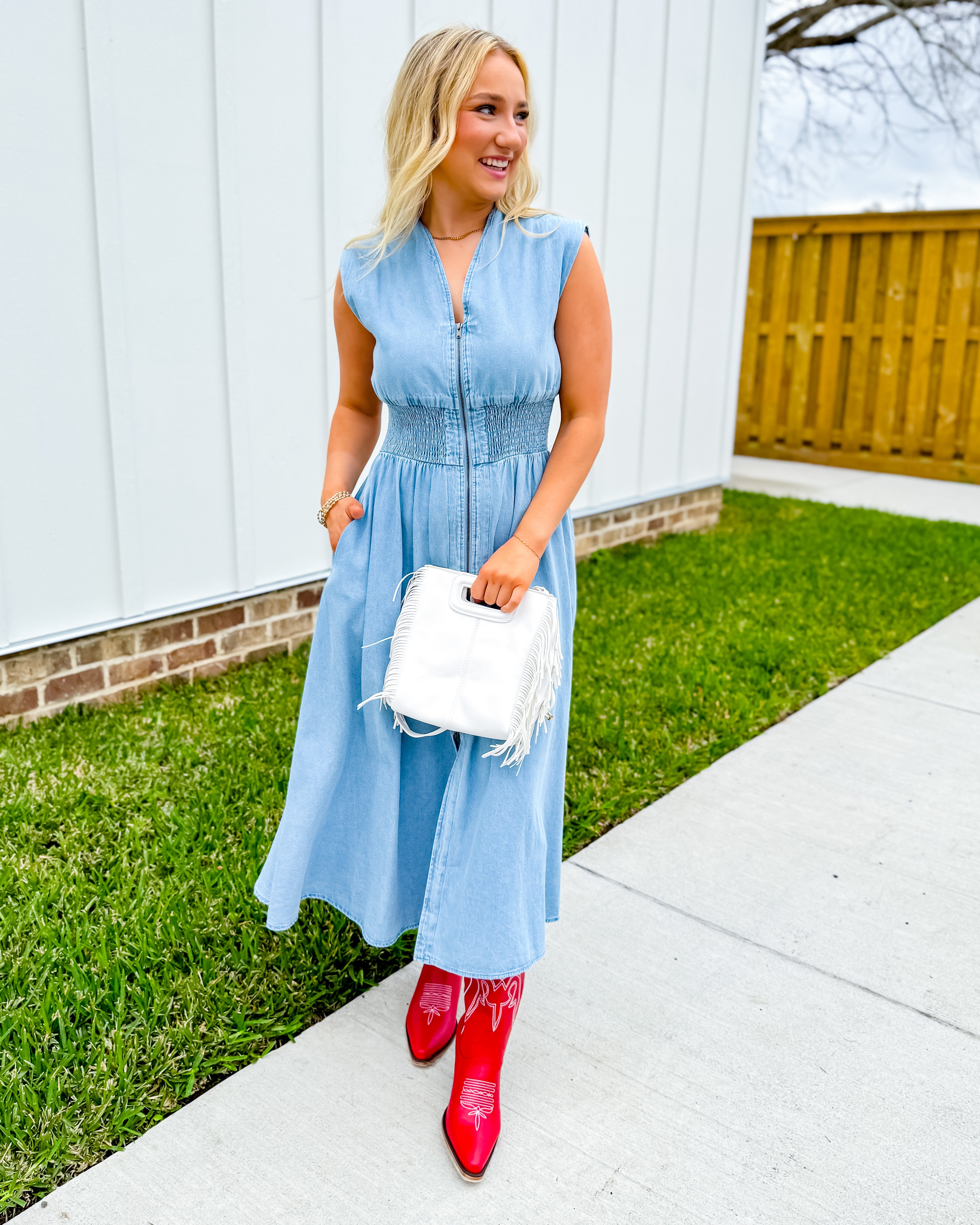 Sleeveless Denim Smocked Waist Midi Dress