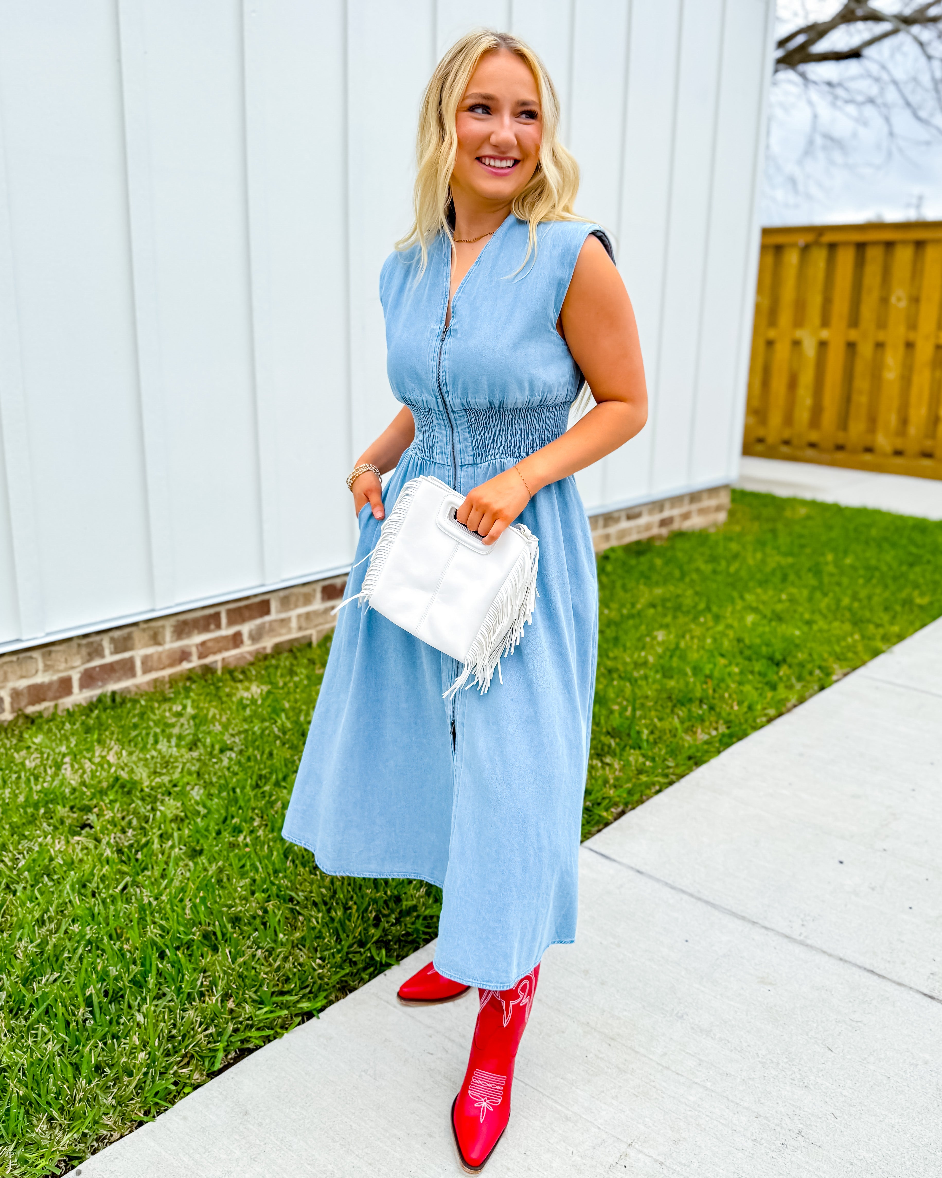 Sleeveless Denim Smocked Waist Midi Dress