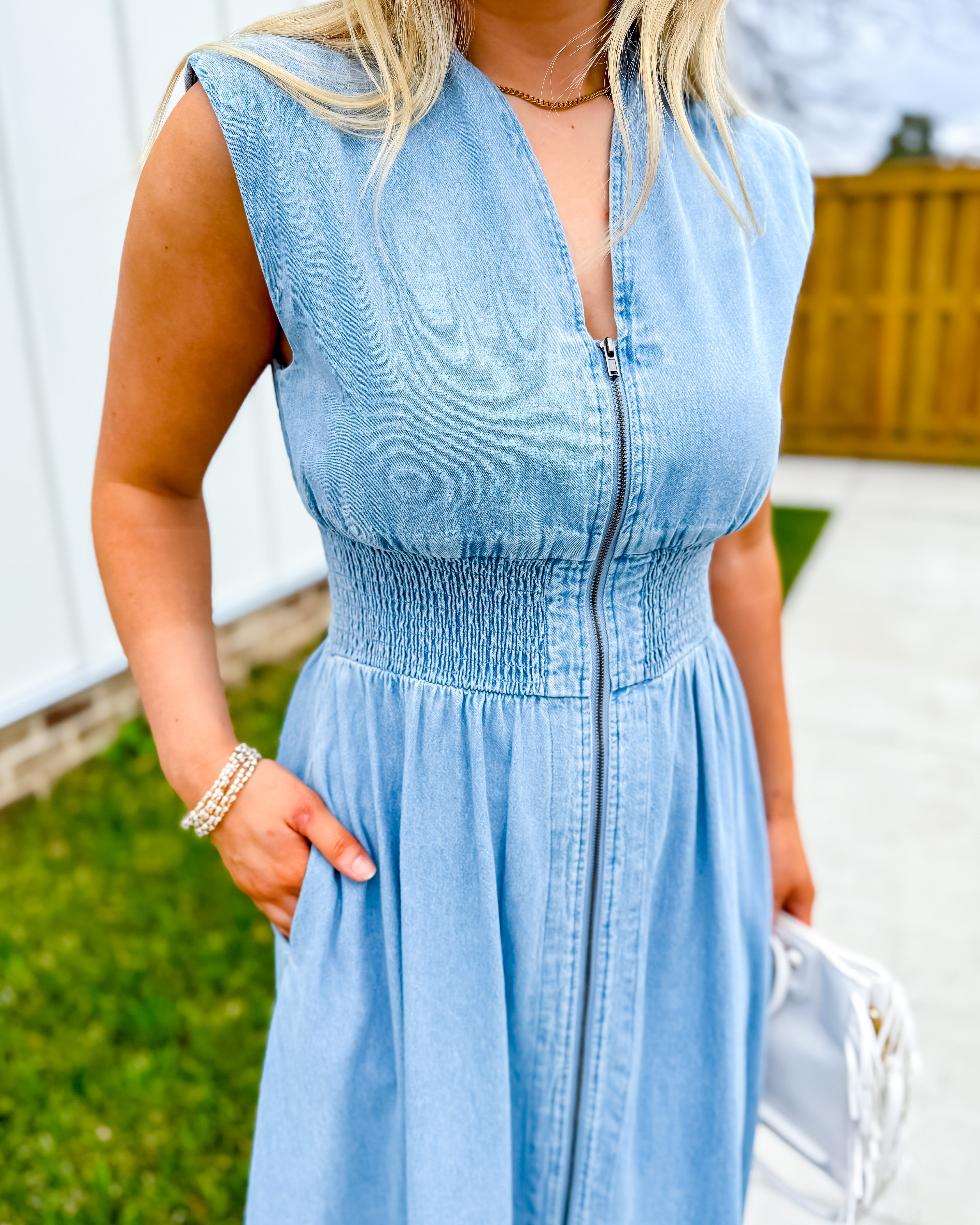 Sleeveless Denim Smocked Waist Midi Dress