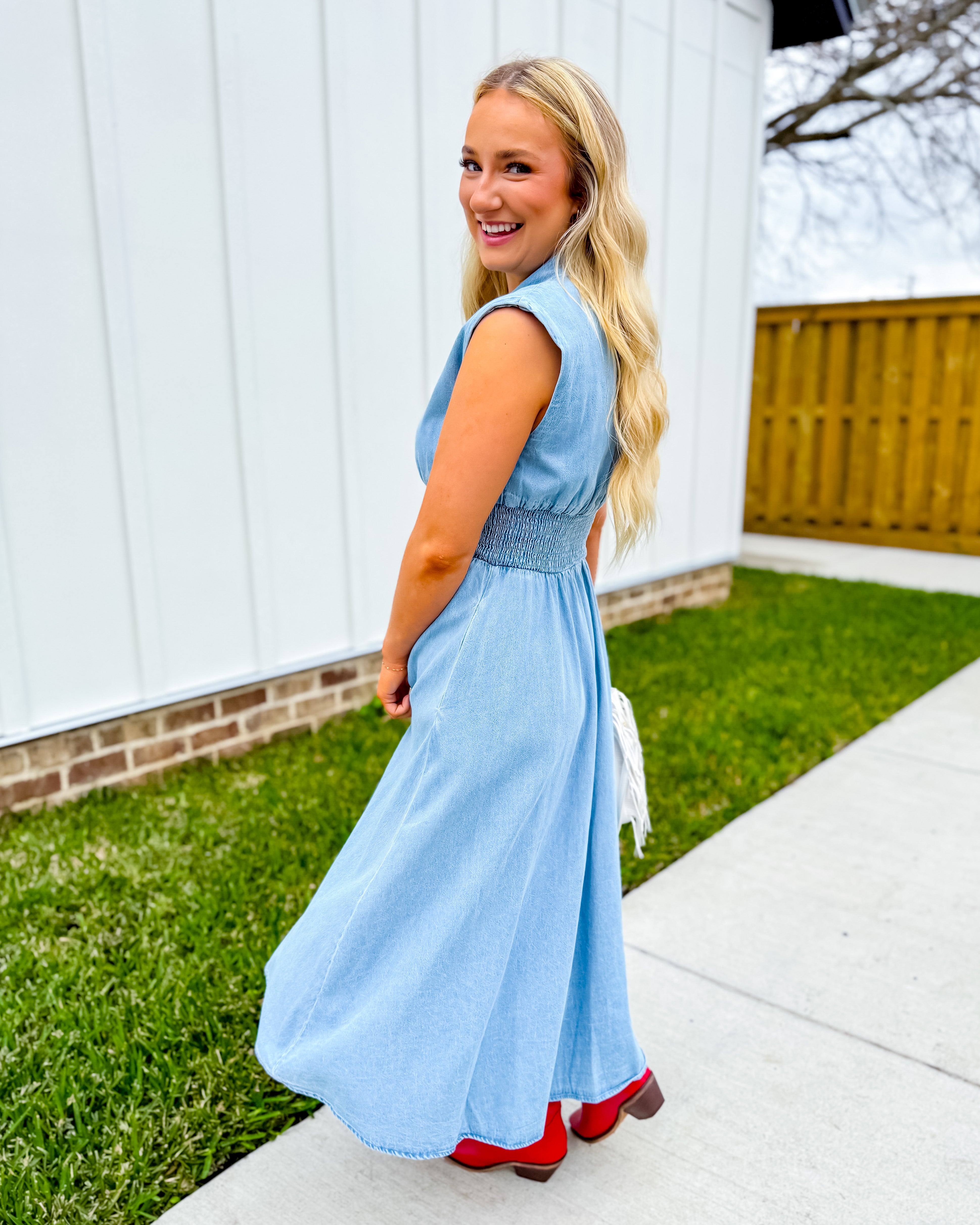 Sleeveless Denim Smocked Waist Midi Dress