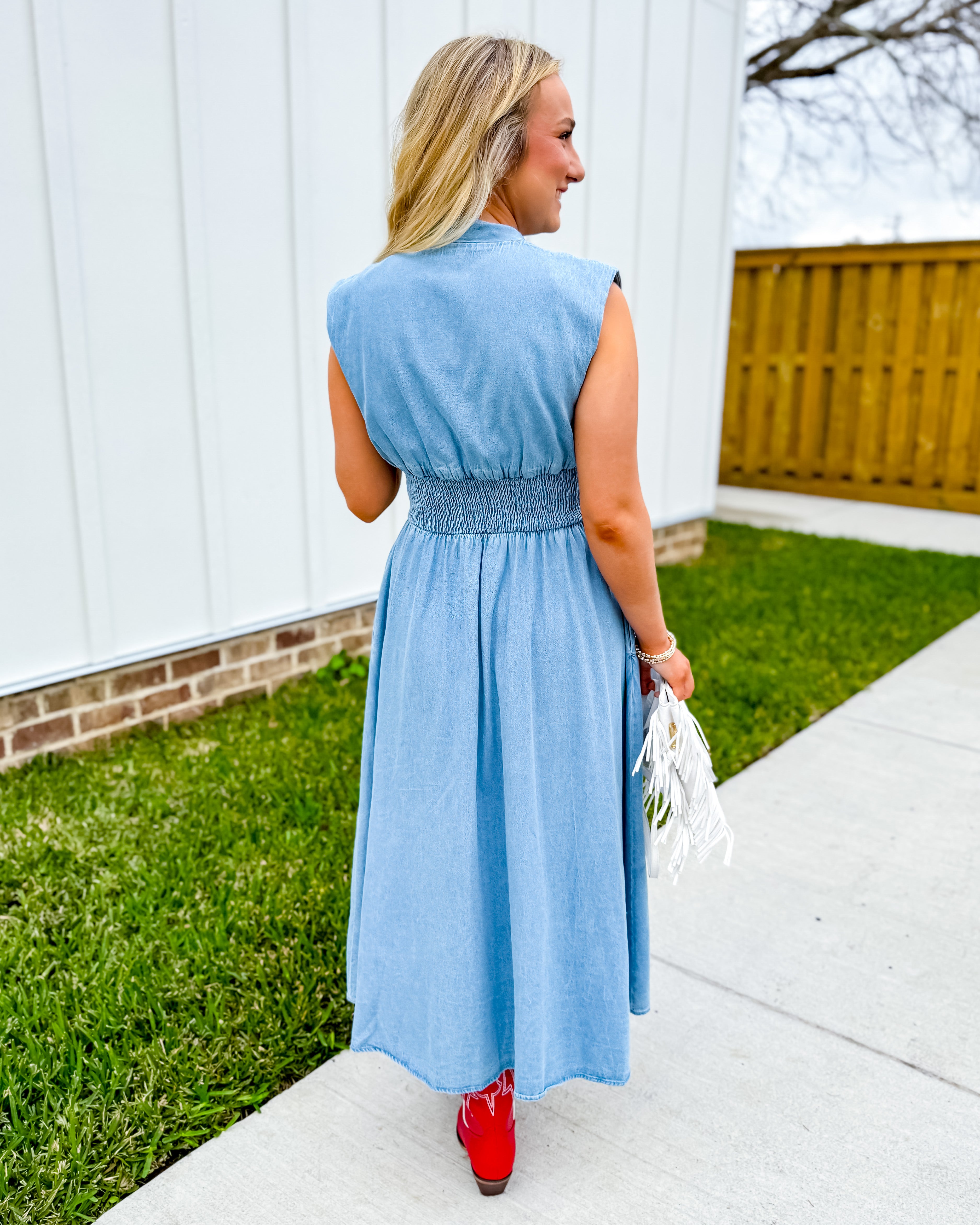 Sleeveless Denim Smocked Waist Midi Dress