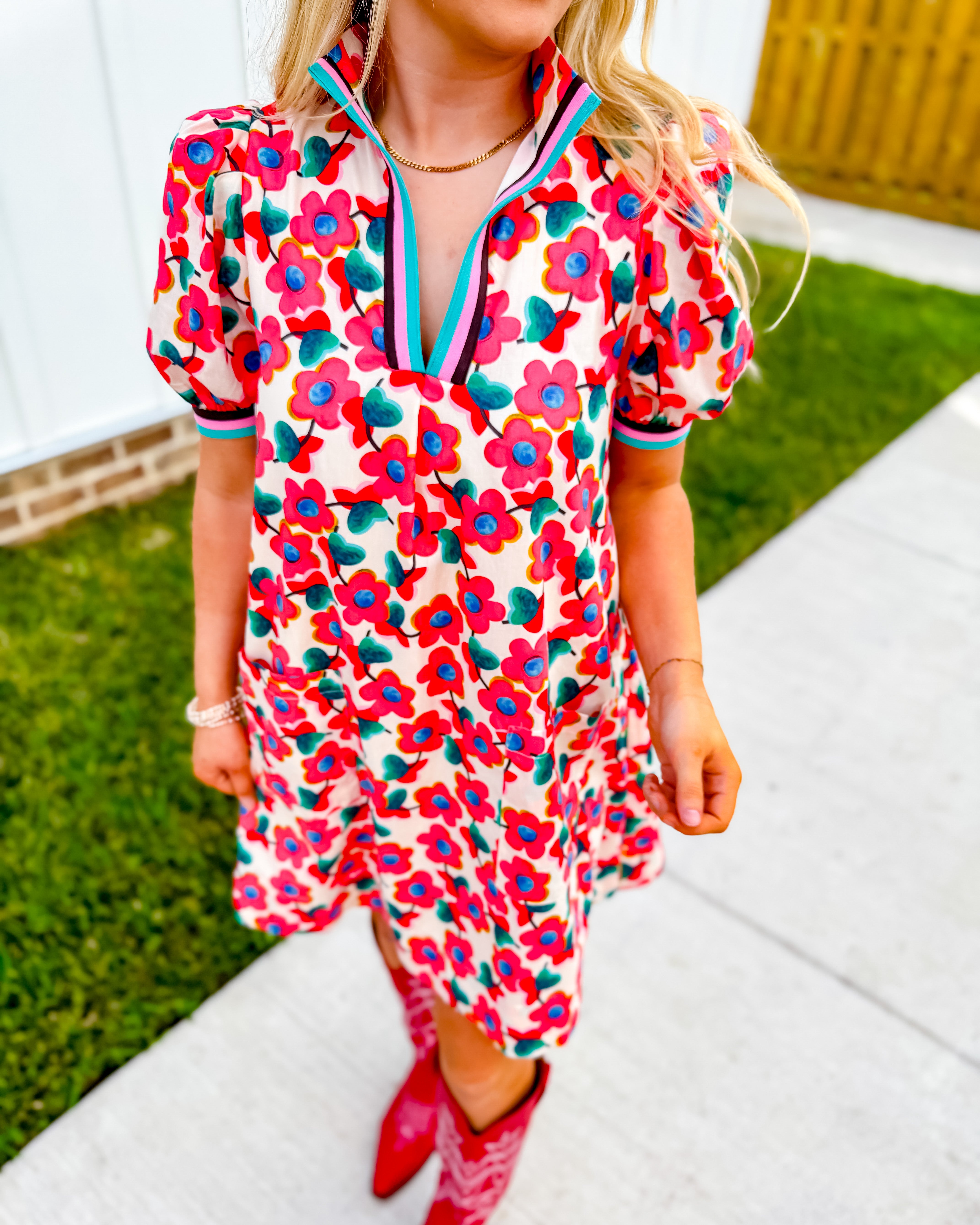 Floral Print Ribbon Detail Dress in Red