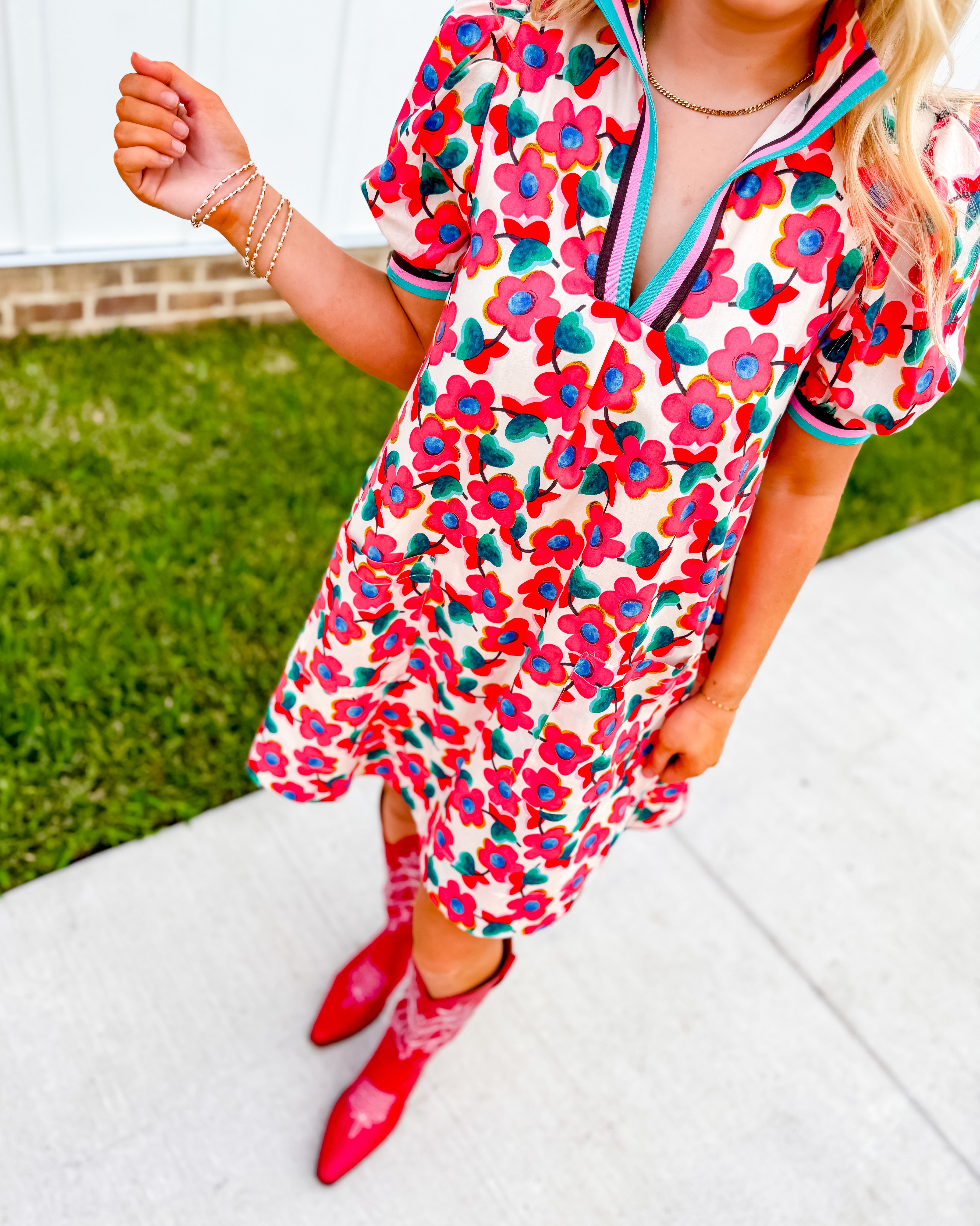 Floral Print Ribbon Detail Dress in Red