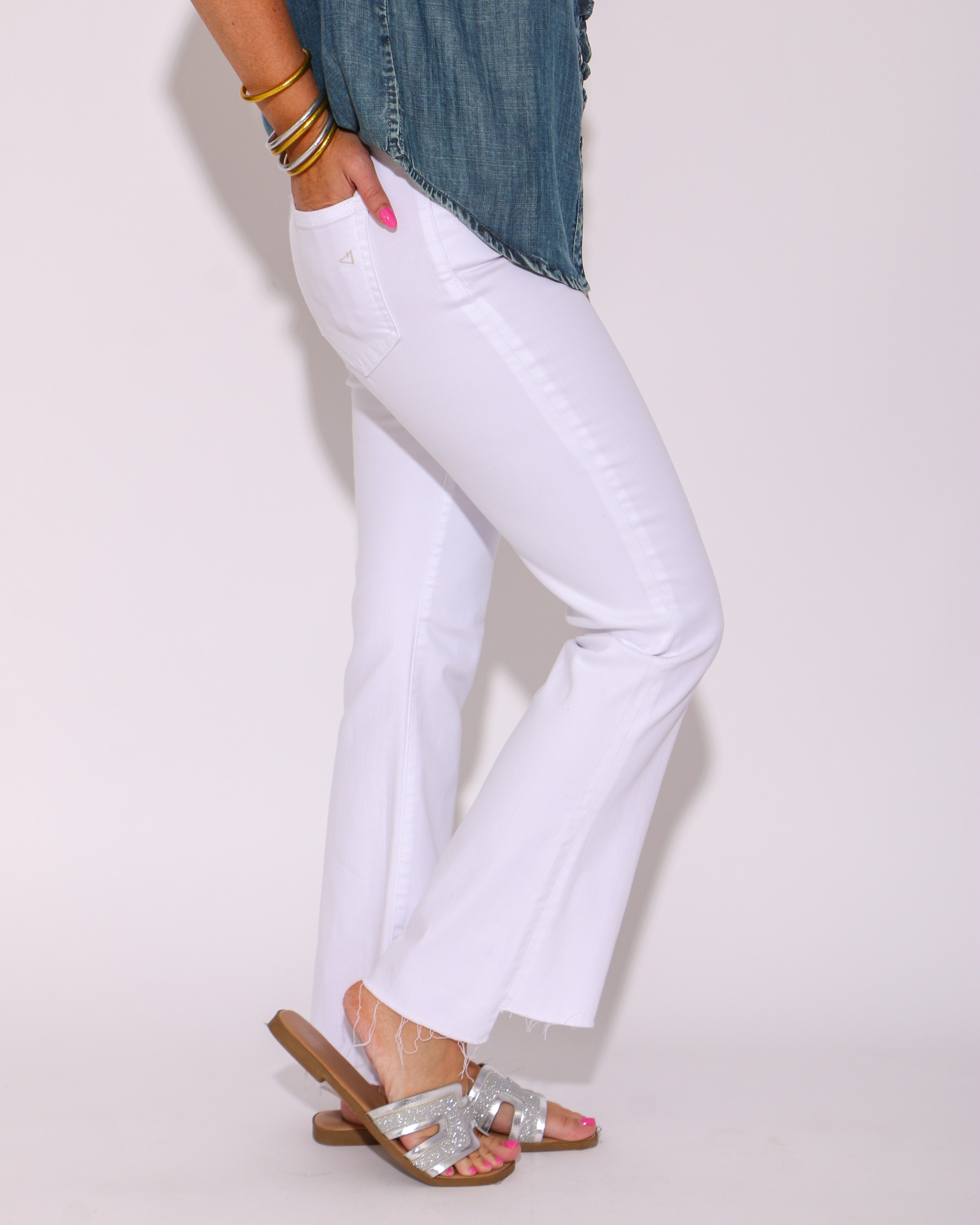 Happi High Rise Crop Flare with Step Hem in White
