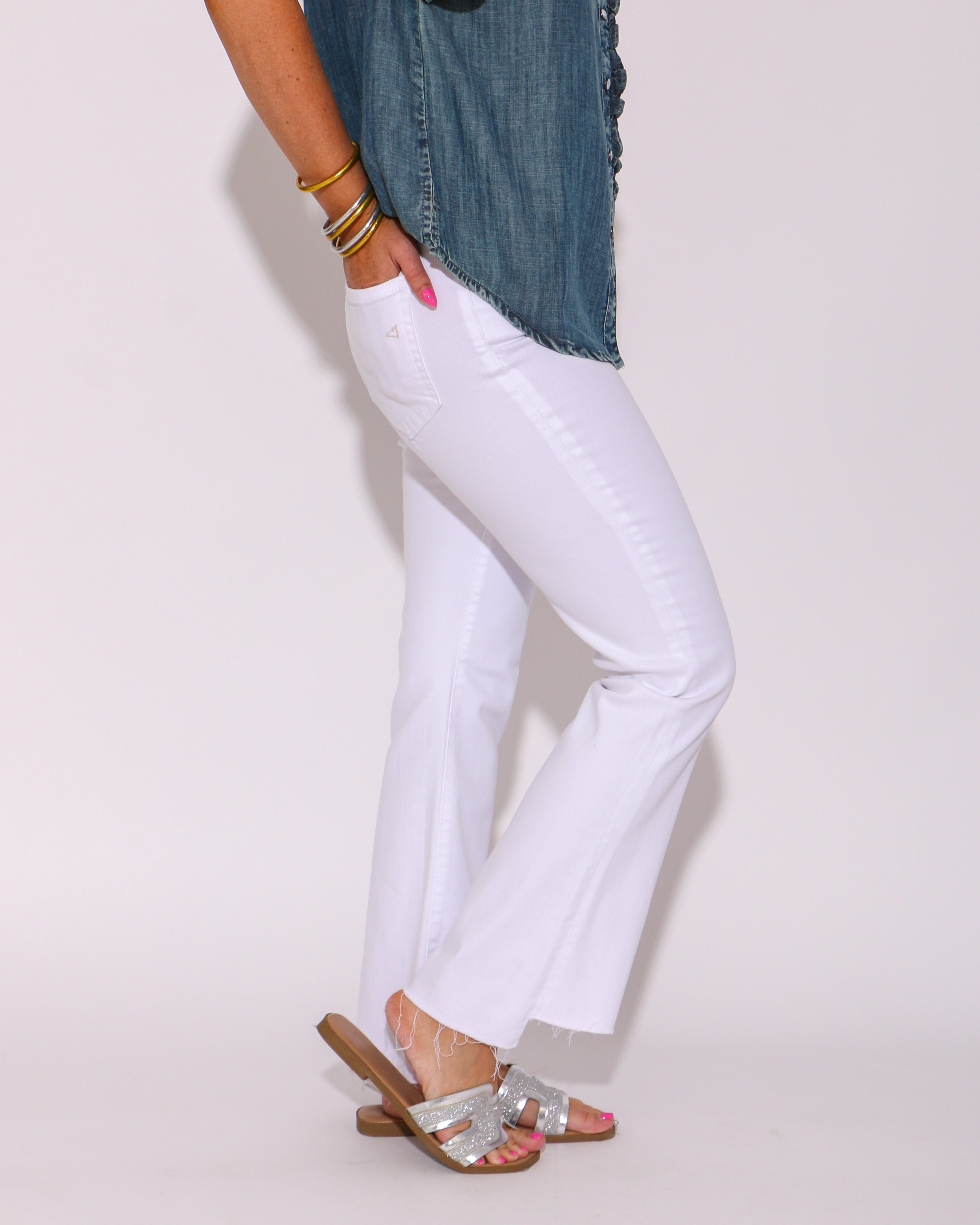 Happi High Rise Crop Flare with Step Hem in White