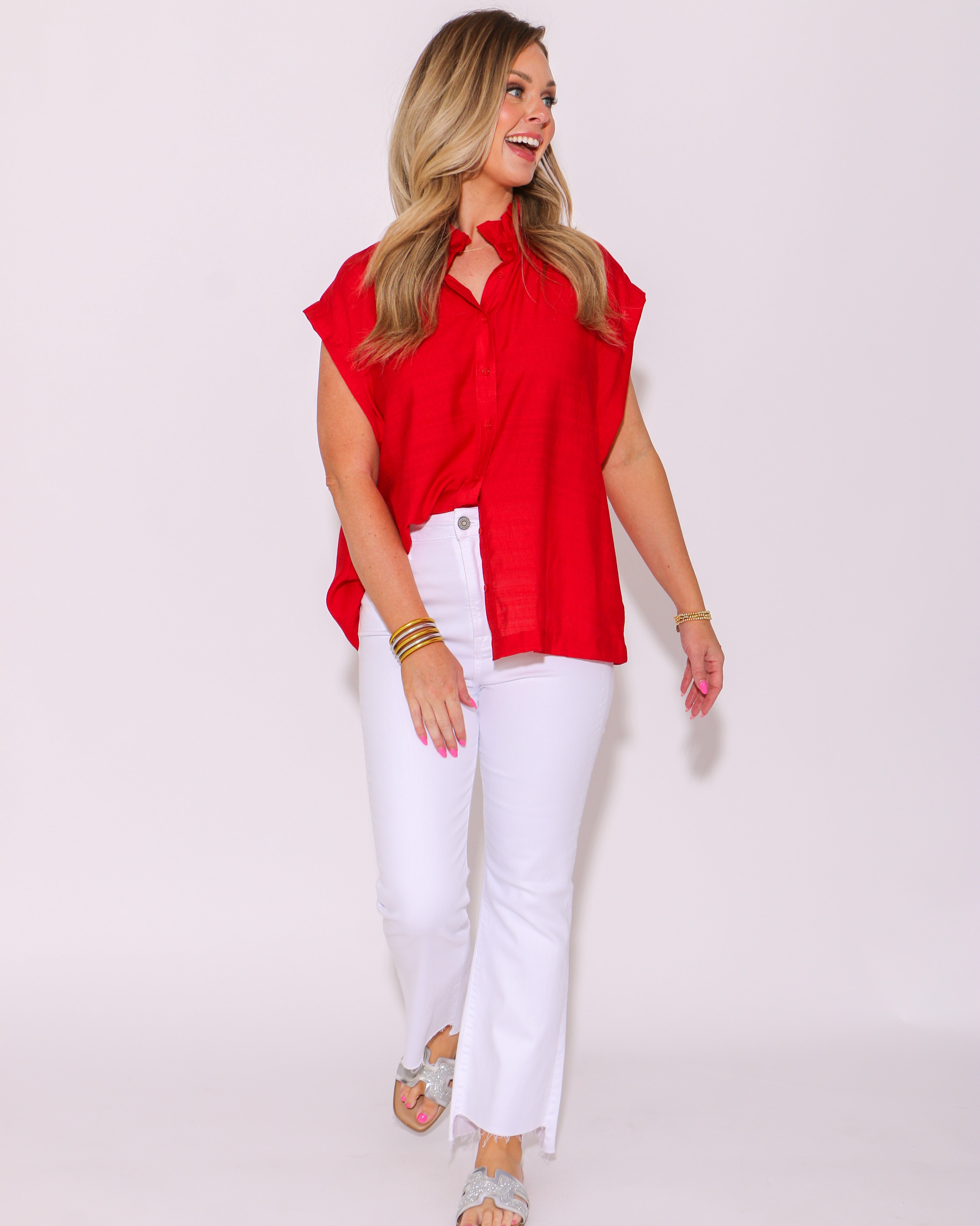Little Ruffle Cutie High Neck Top in Red