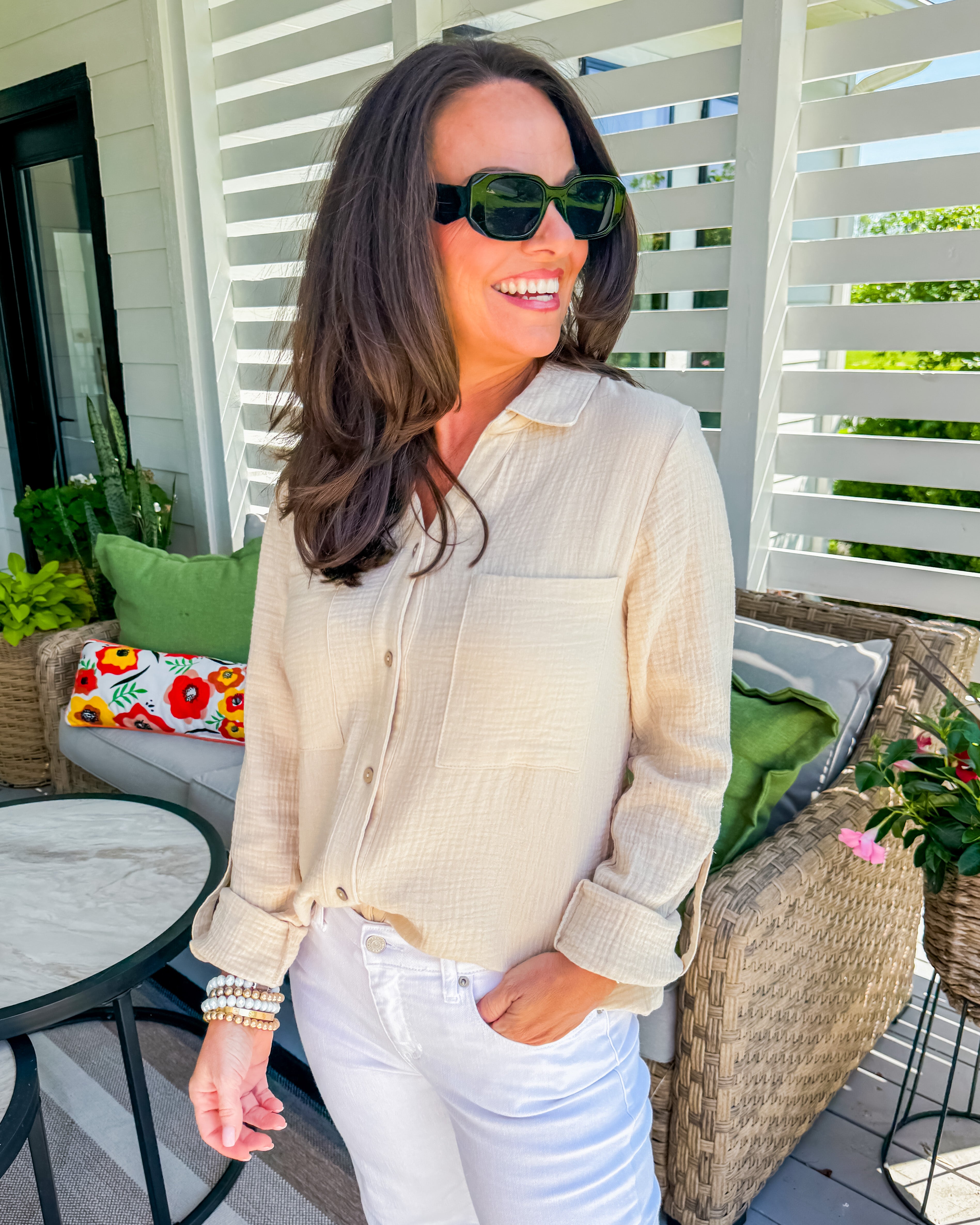 Long Sleeve Double Gauze Button Down Shirt in Natural